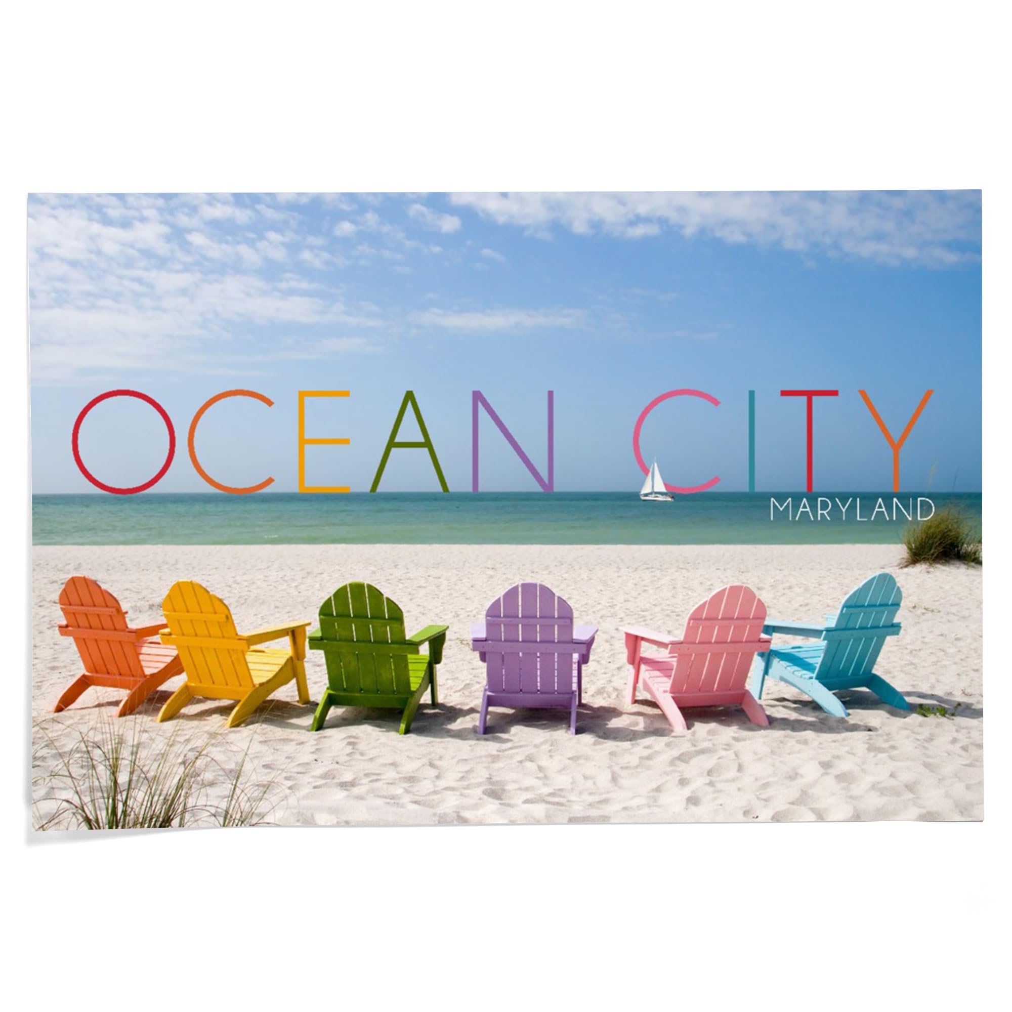 Lantern Press 24x36 Inch Giclee Art Print - Ocean City Maryland Beach Scene with Colorful Chairs - Coastal Wall Decor for Living Room, Bedroom & Office