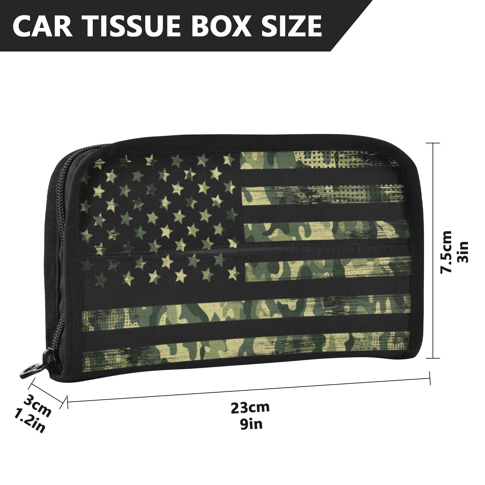 American Flag Green Camo Car Tissue Holder - Adjustable Sun Visor Wipe Dispenser with Zippers for Women & Men | Perfect for Road Trips, Commuting & Travel Accessories