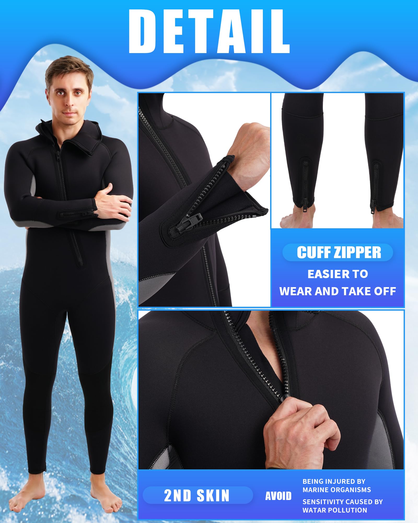 5mm Neoprene Men's Wetsuit with Hood - Full Body One Piece Thermal Spearfishing Suit - Front Zipper for Easy Wear - Cold Water Protection for Surfing, Swimming, Diving & Snorkeling - Ideal for Winter Water Sports and Marine Activities