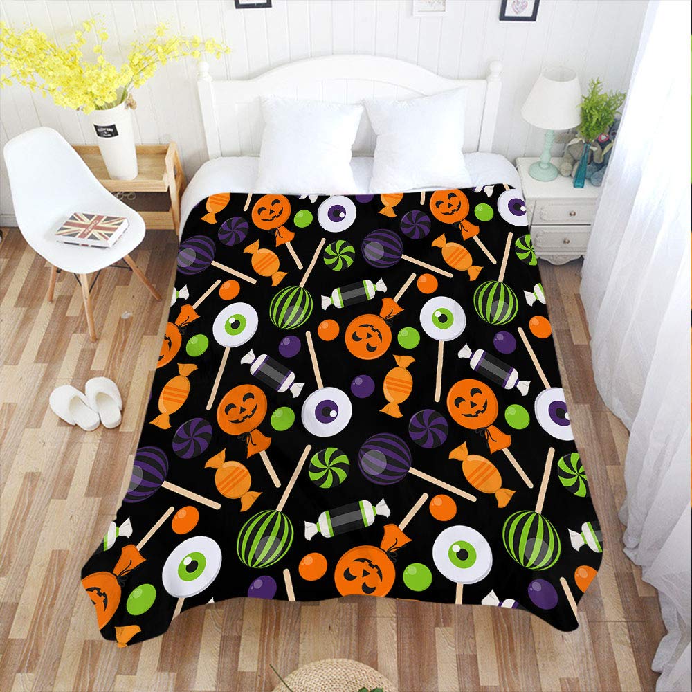 Halloween Pumpkin Candy Lollipop Green Eyes Throw Blanket 50x60 Inch - Soft Flannel Plush Blanket for Couch, Bed, Boys & Girls - Perfect for Halloween Decor, Movie Nights & Cozy Gift Giving