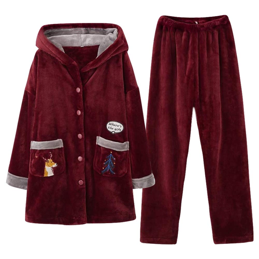 Cozy Women's Christmas Pajama Set - Velvet Hooded Two-Piece with Elk Print for Winter & Holiday Season | Soft Fleece Lounge Wear for Home, Parties & Gift Giving (Red, Size L)