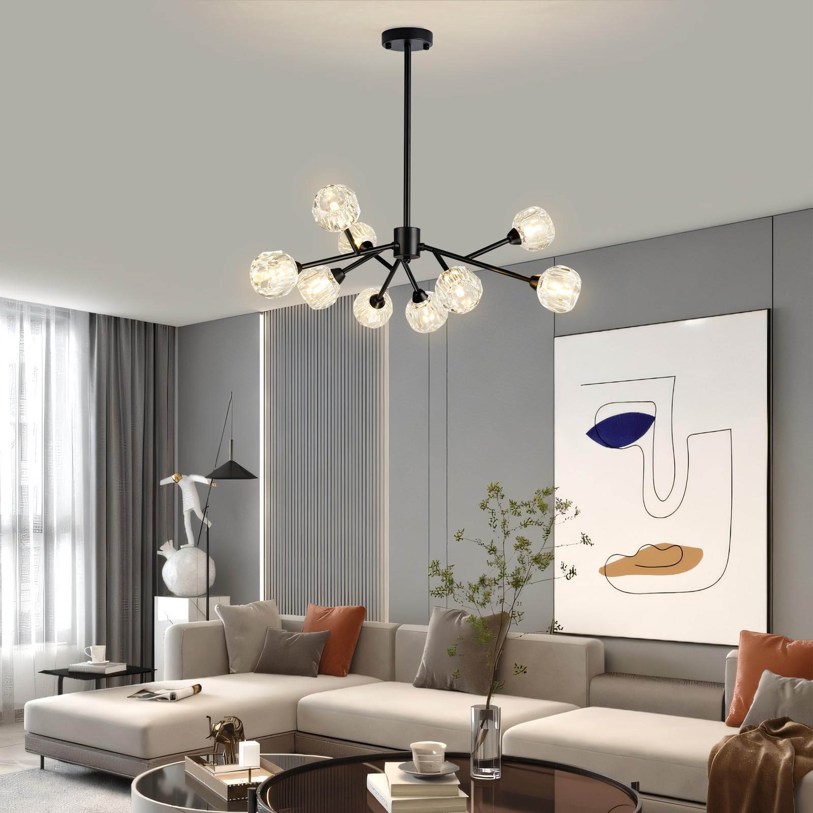 Modern Black Crystal Chandelier - 9-Light Sputnik Fixture for Dining Room & Kitchen Island