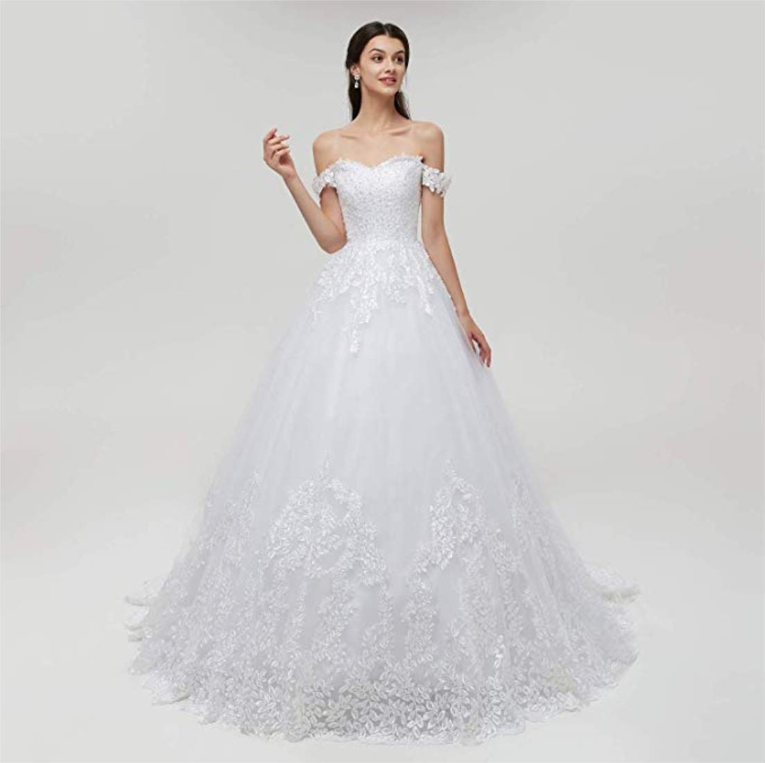 Elegant White Sleeveless Lace Applique A-Line Off Shoulder Wedding Dress for Women - Perfect for Bridal, Formal Evening Gowns, Prom & Special Occasions