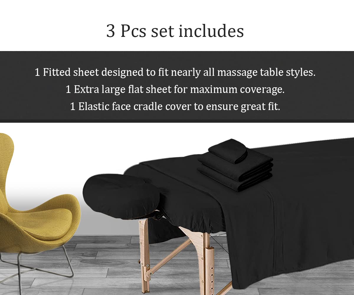 Premium 3-Piece Massage Table Sheet Set - 100% Cotton Flannel - Includes Fitted Sheet, Flat Sheet & Face Cover - Soft & Smooth Massage Bed Linens - Black - Ideal for Spa, Salon & Professional Massage Therapy