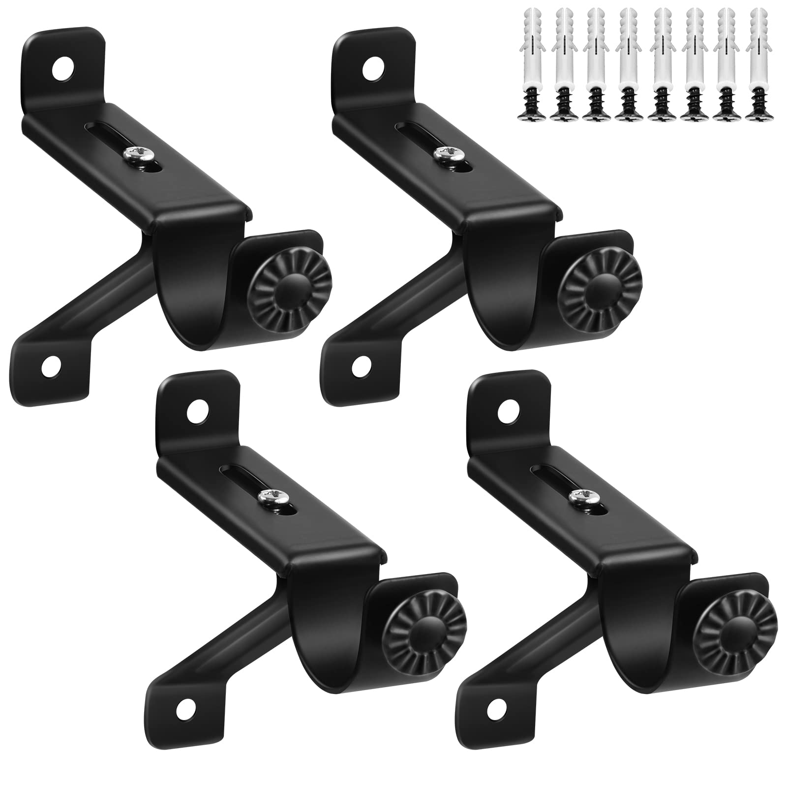 Heavy Duty Adjustable Curtain Rod Brackets - 4 Pack Black Wall Mount Drapery Rod Holders for 1 to 1.1 Inch Poles - Perfect for Living Room, Bedroom & Home Decor