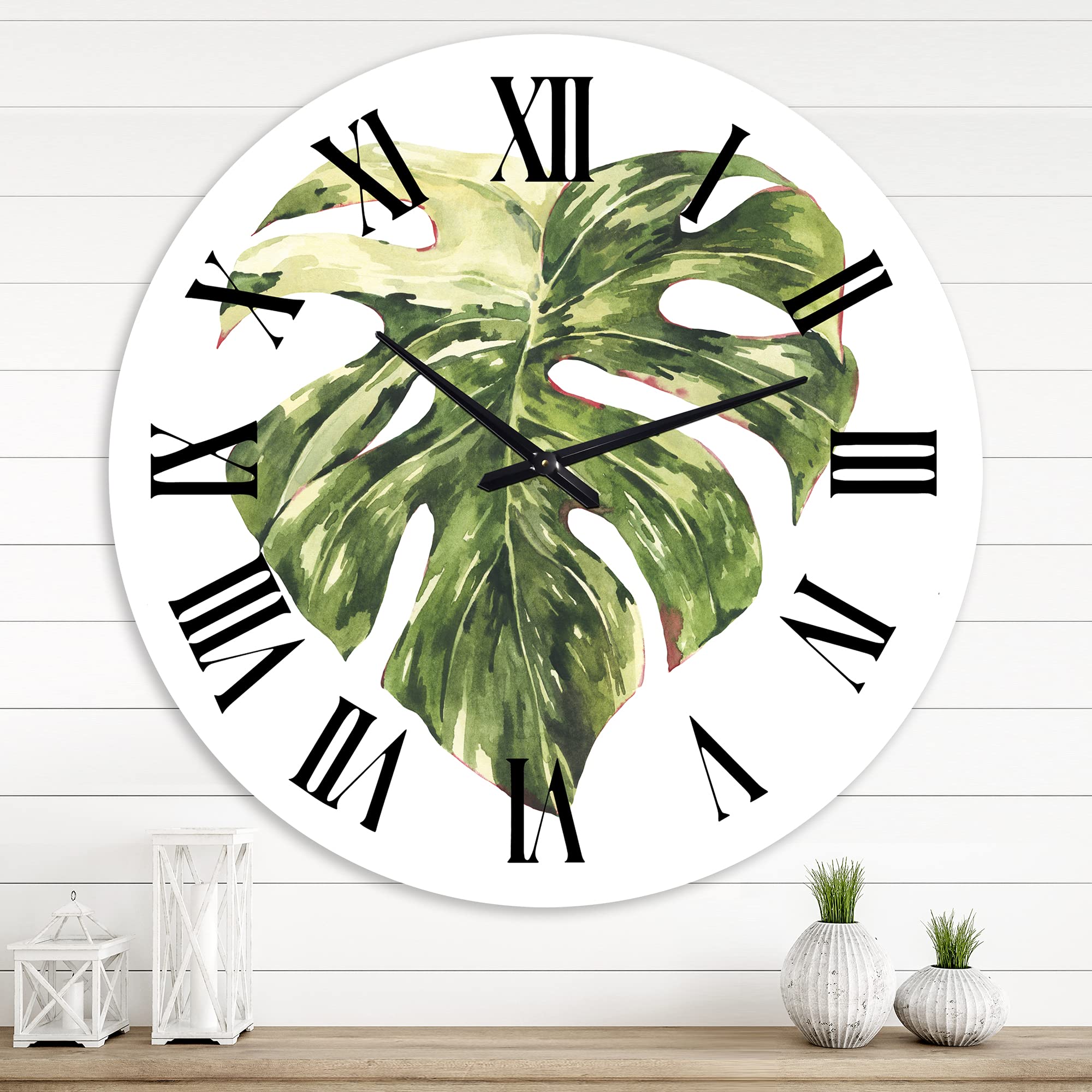 Tropical Green Leaves Wall Clock - Large Floral Botanical Decor for Living Room, Bedroom & Office | Summer-Themed Home Décor