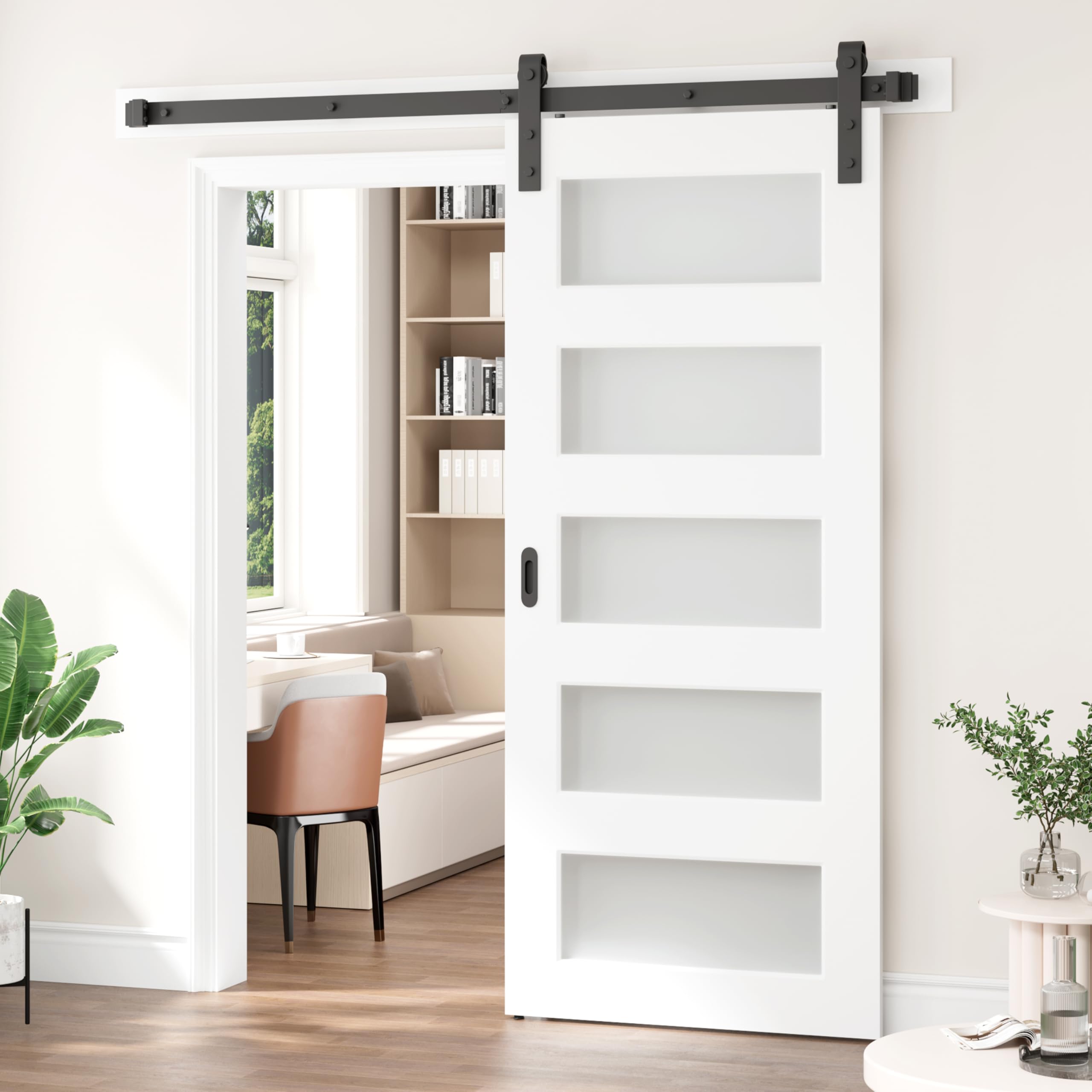 DELAVIN 36 x 84 Inch Frosted Glass Sliding Barn Door with 6.6FT Hardware Kit - 5 Panel Waterproof PVC Coating, Double-Sided Interior Handles - Perfect for Bedroom, Bathroom & Closet Privacy (White)
