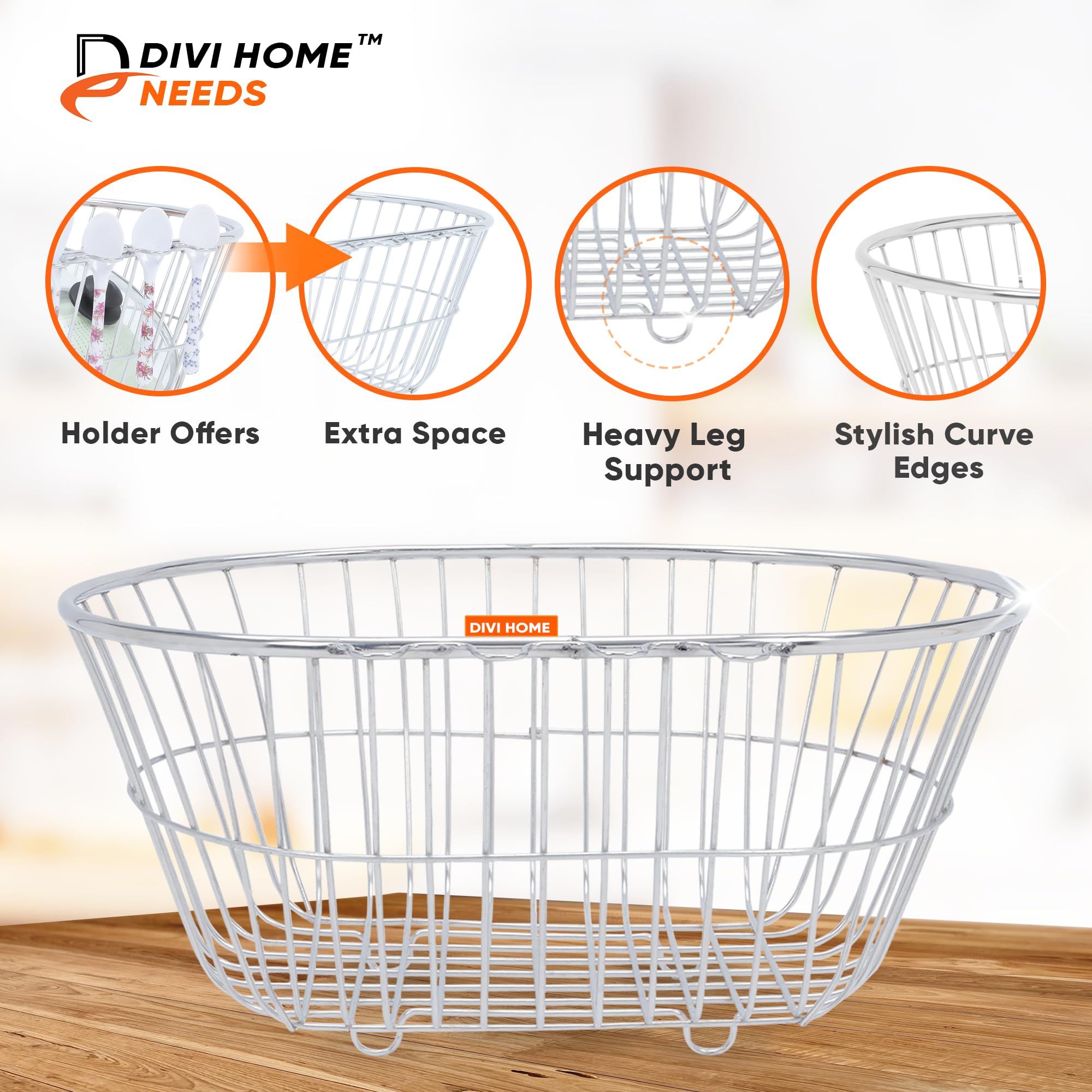 DIVI HOME Stainless Steel Kitchen Utensil Drainer Basket - Large Oval Dish Drainer Rack for Drying Pots, Pans & Cooking Tools After Washing | Perfect for Countertop Organization & Space Saving