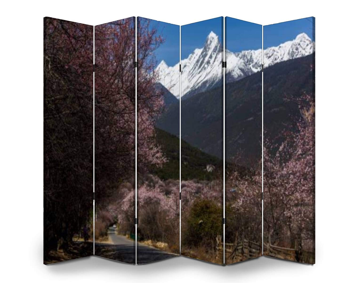 APED DECOR 6-Panel Wooden Room Divider with Peach Blossom & Nyingchi Tibet Design - Folding Privacy Screen, Dual-Sided Canvas Partition for Home Office, Bedroom, and Living Room Decor | Indoor Display Shelves & Wall Divider