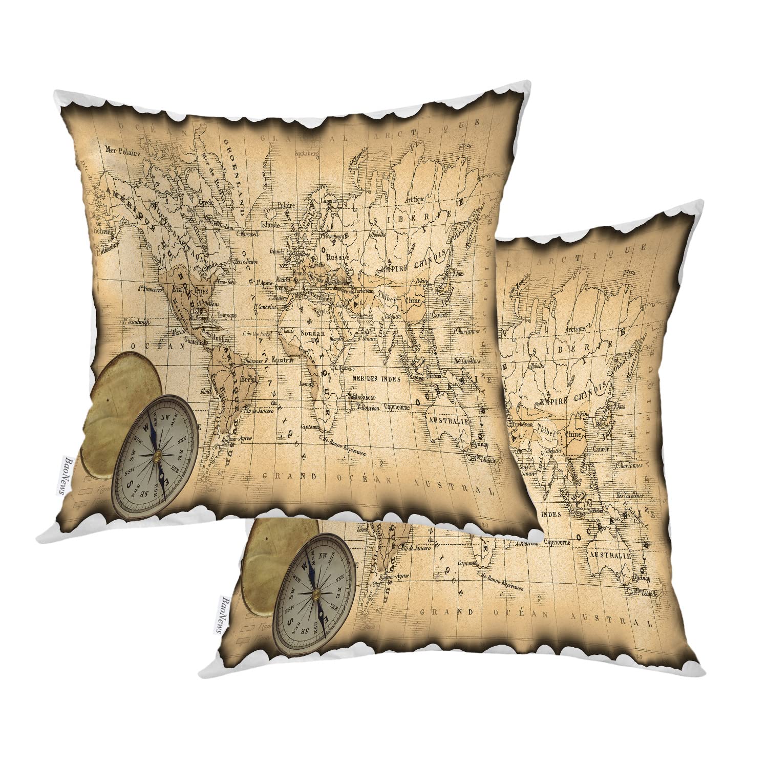 Vintage Nautical Compass World Map Pillow Covers 22x22 Inch - Cotton Square Decorative Cushion Cases for Sofa, Bed, Boat & Coastal Home Decor
