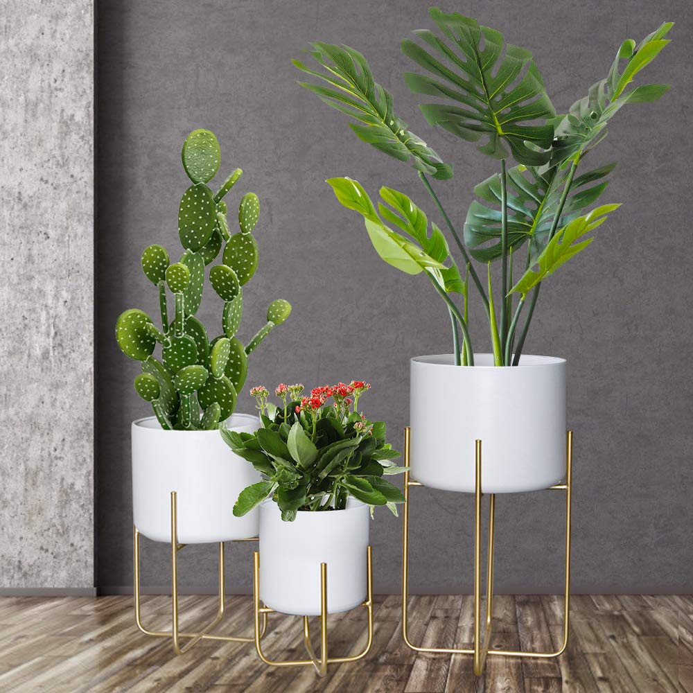 Sinolodo 3-Pack White Floor Standing Planters with Gold Metal Stand - Mid Century Modern Indoor Outdoor Plant Pots for Living Room, Patio, Porch, Garden & Lawn Decor
