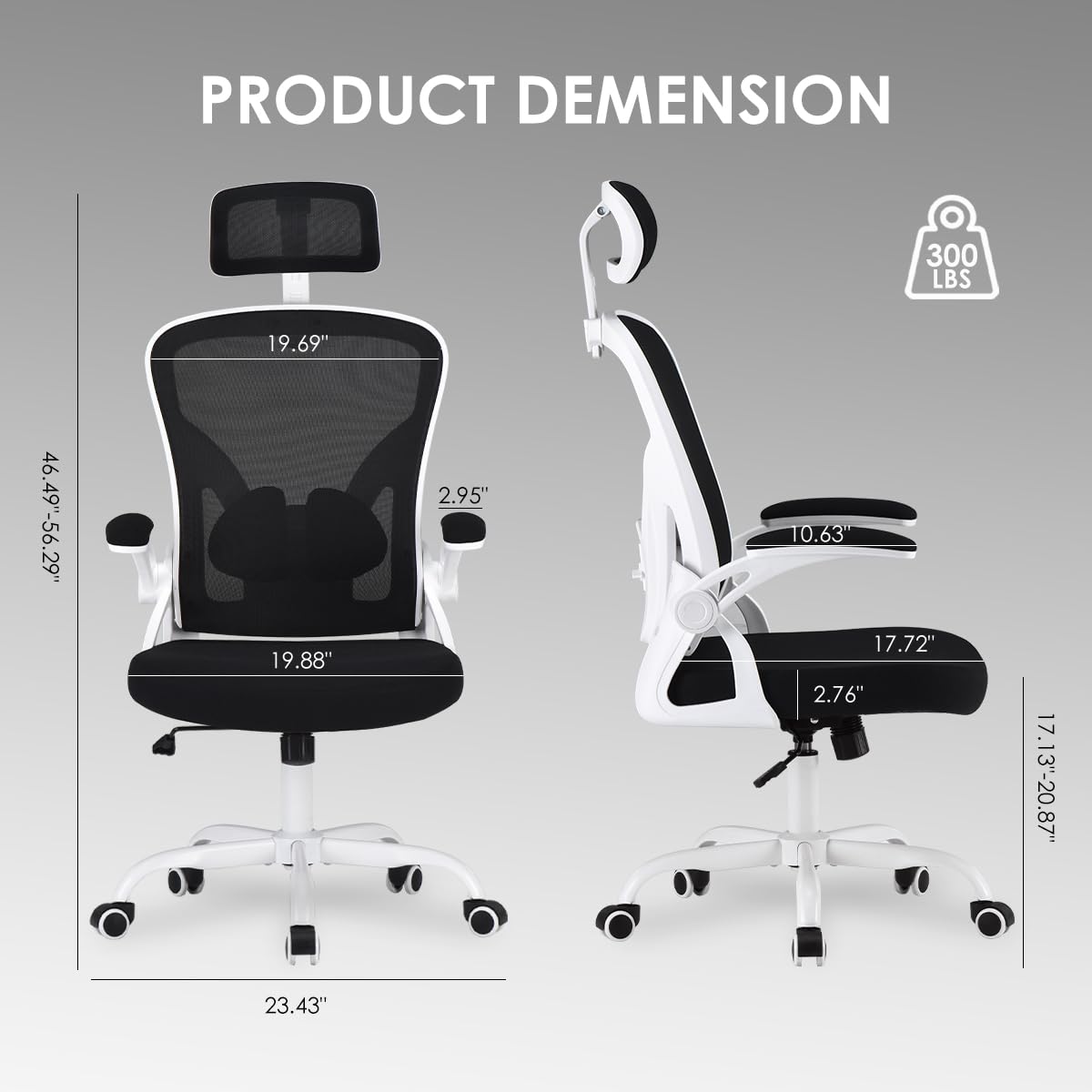 Farini Ergonomic Office Chair - Adjustable High Back Computer Desk Chair with Headrest, Lumbar Support & Flip-Up Armrests for Home Office, Study, Bedroom (White/Black) - Perfect for Long Work Hours, Gaming & Remote Work