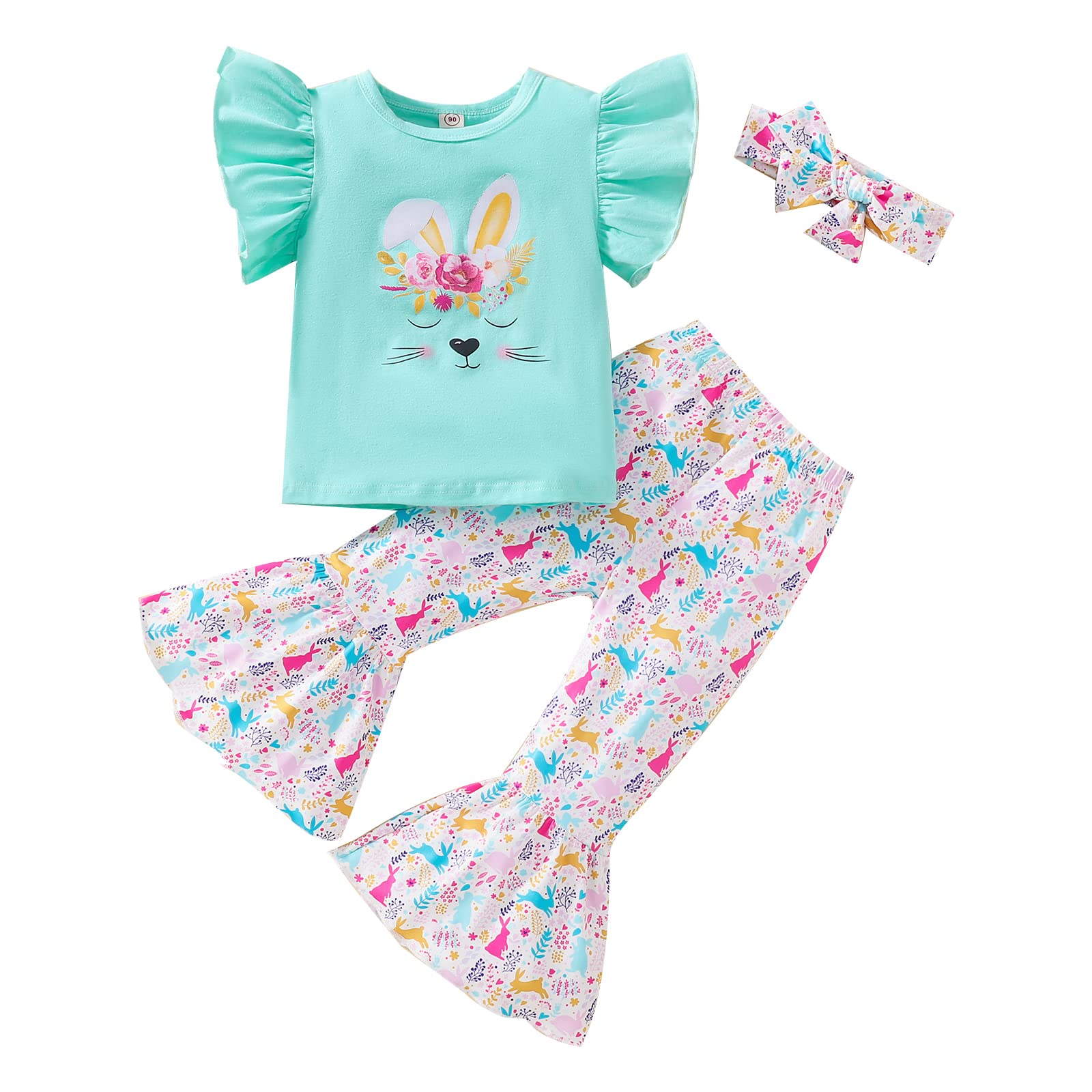 Pinleck Toddler Baby Girl Easter Outfits - Spring Summer Short Sleeve Floral Top & Bell Bottom Pants Set | Cute Playtime & Photo Shoot Outfits for Holidays, Parties & Family Gatherings