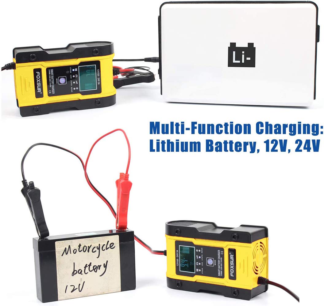 12V/24V 6A Smart Automatic Car Battery Charger & Maintainer - 7-Stage Charging for Lithium, Lead-Acid & Calcium Batteries | Perfect for Vehicles, Boats & RV Maintenance