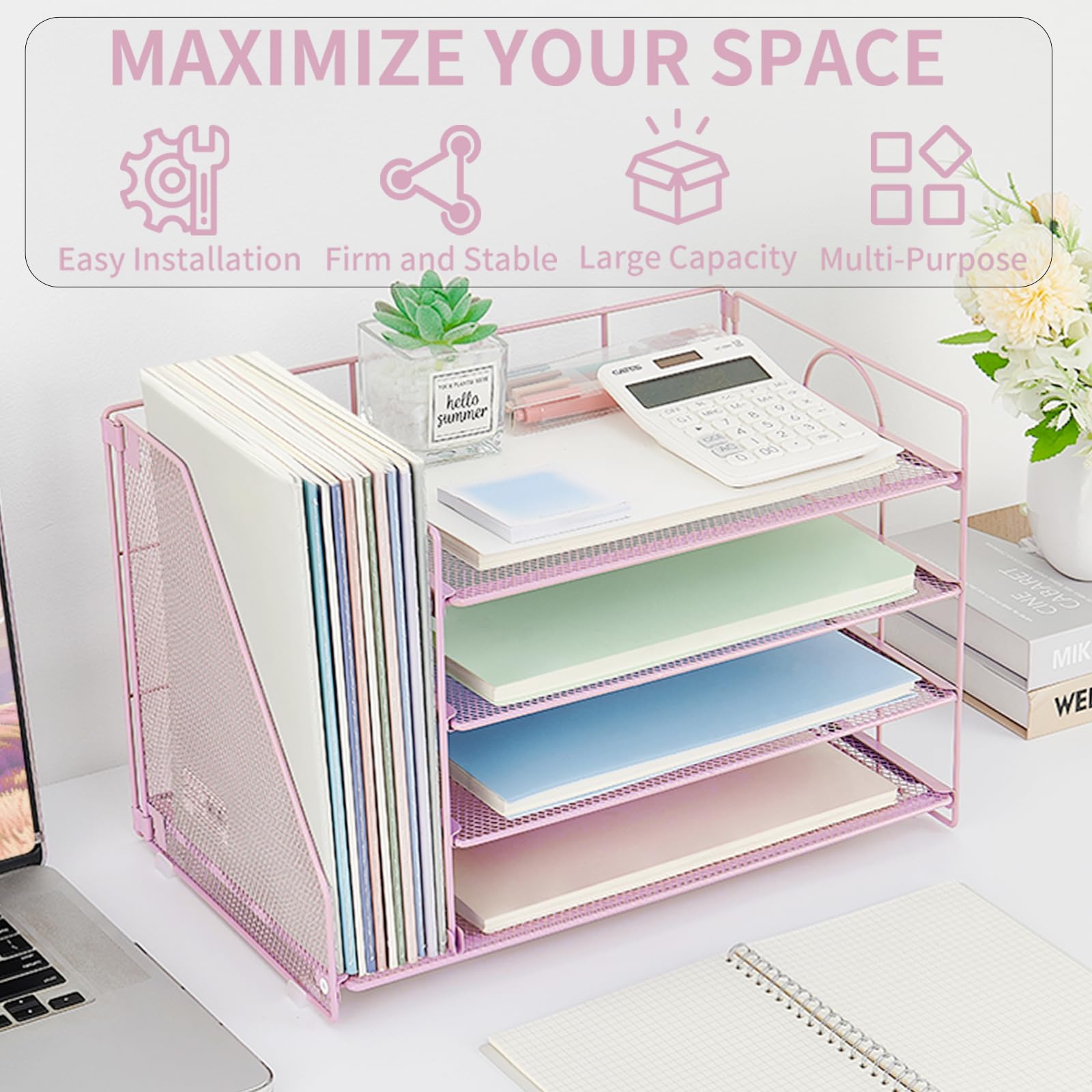 OPNCIE 4-Tier Paper Letter Tray File Organizer - Pink Office Desk Organizer for Documents, Mail & Supplies | Perfect for Classroom, Home Office & Workspace Organization