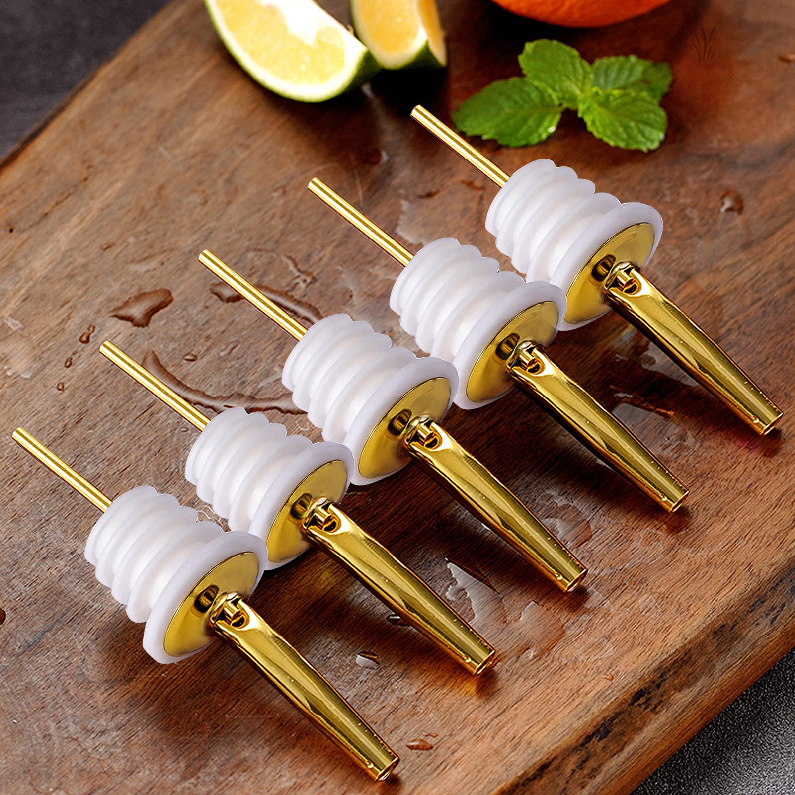 Premium Stainless Steel Liquor Bottle Pourers with Cleaning Brush - Rustproof Alcohol Pouring Spouts for Bars, Restaurants, Home Cocktail Making & Party Use (Gold)