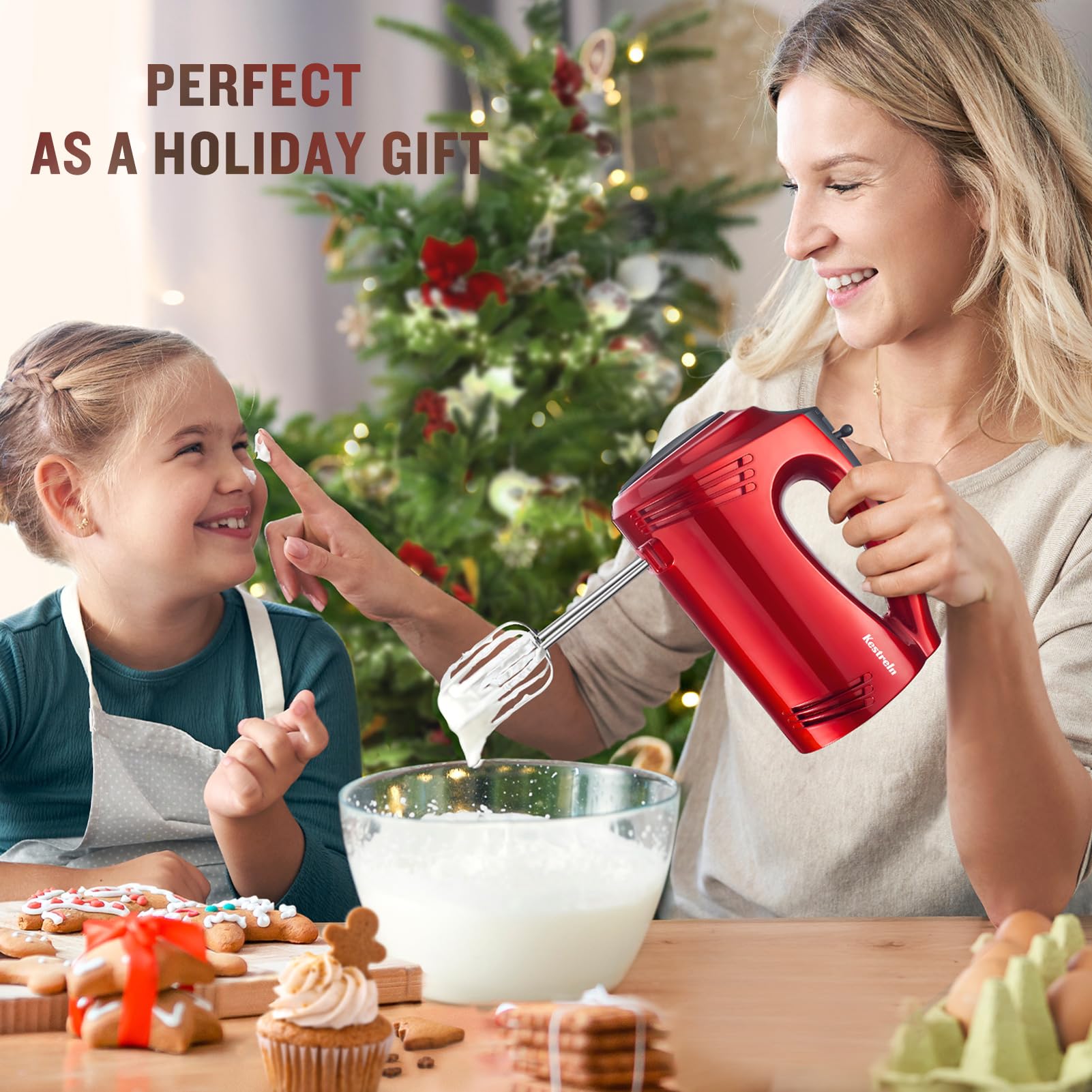 5-Speed Electric Hand Mixer with Flat Bottom - Powerful Portable Handheld Mixer for Baking, Whipping, Mashed Potatoes - Perfect for Kitchen, Home Baking & Cooking (Red)