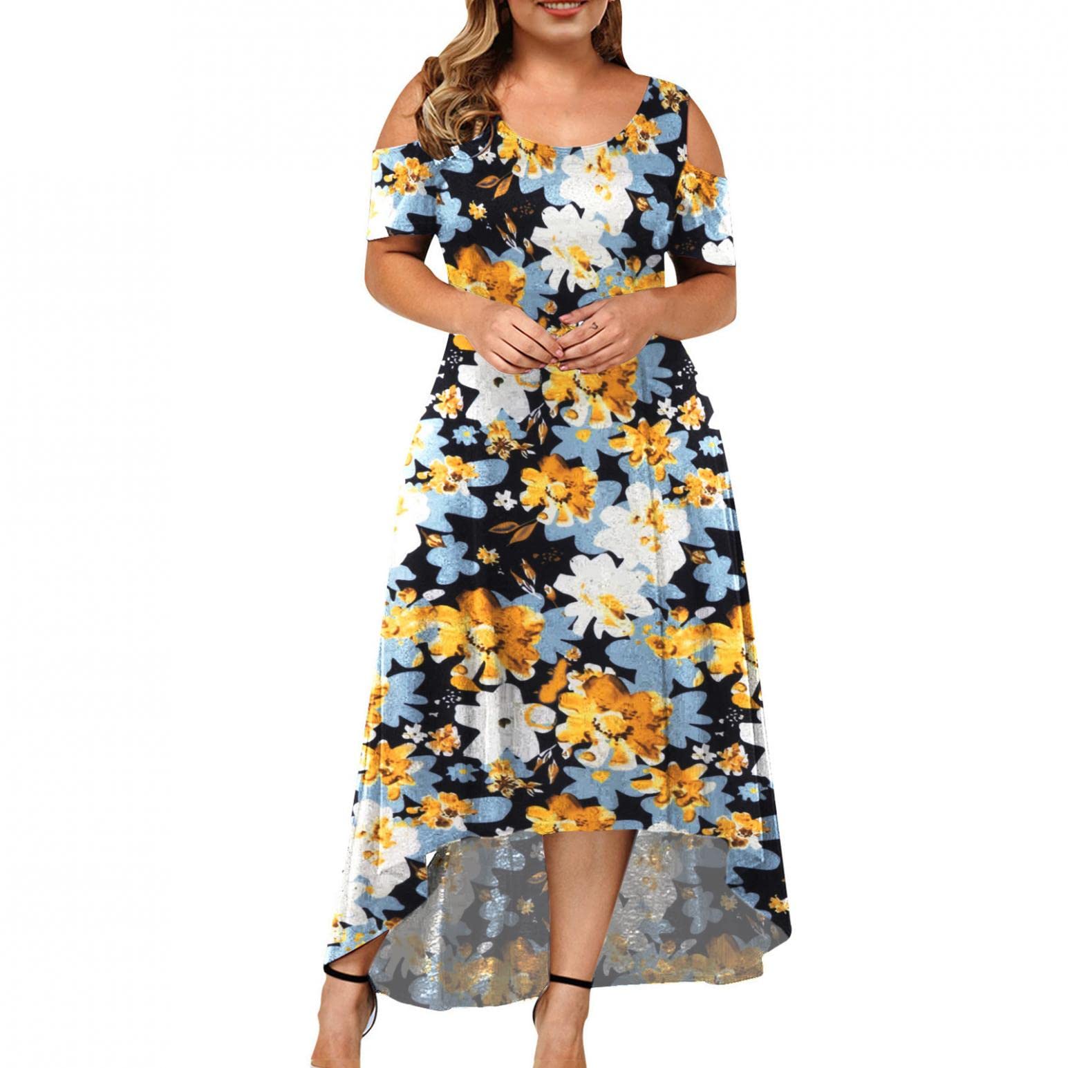 Plus Size Women's Long Maxi Dress - Sexy Off Shoulder Bohemian Sundress with Floral Print & High Slit | Perfect for Beach Vacations, Summer Parties & Boho Fashion