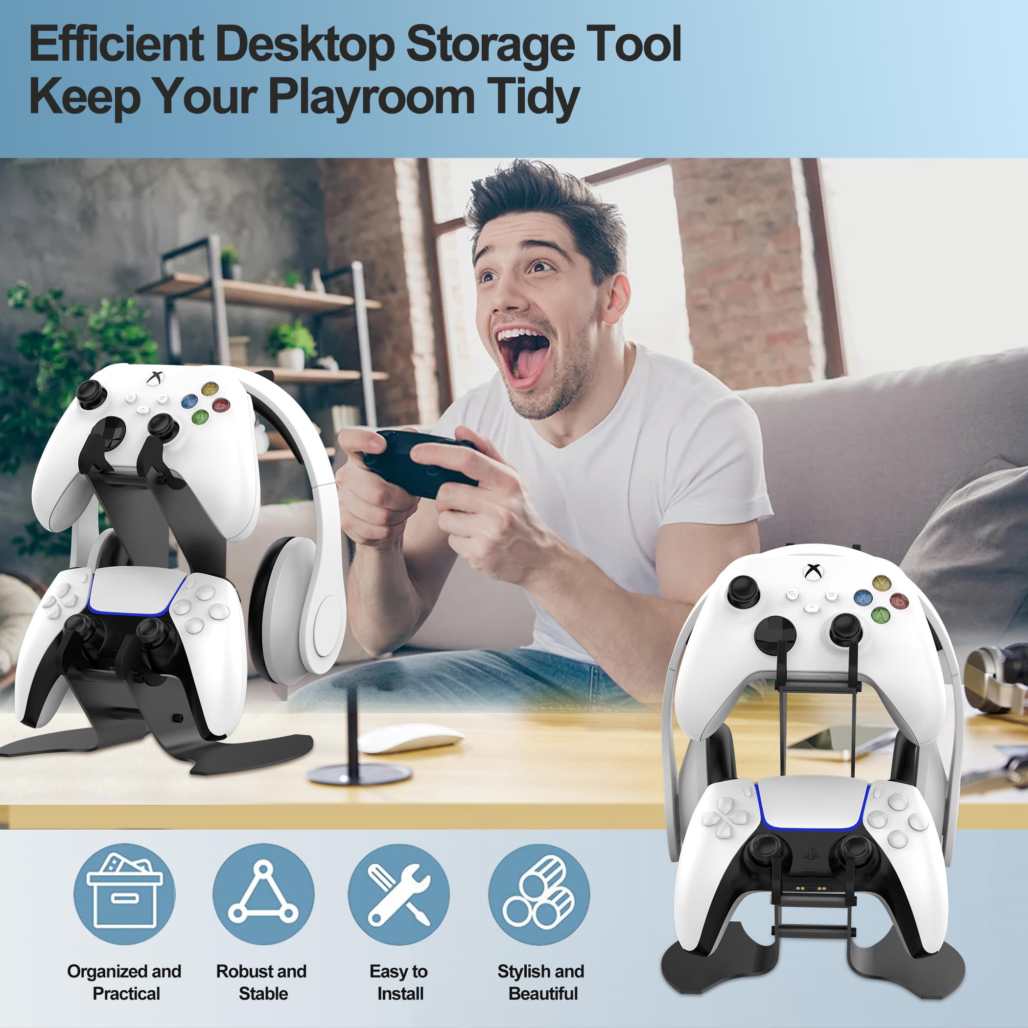 Universal Gaming Headphone & Controller Stand - Compatible with Xbox Series X/S, Xbox One, PS5, PS4, Nintendo Switch | Desk Organizer for Gaming Accessories | Perfect for Gaming Setup & Streamer Battlestation (Black)