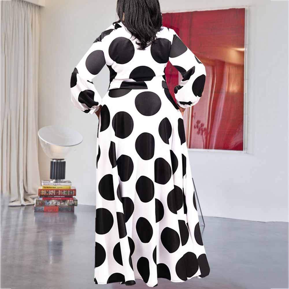 VERWIN Plus Size Long Sleeve Maxi Dress with Pockets - Flowy Dotted Print Formal Gown for Women, Perfect for Prom, Evening Parties & Special Occasions