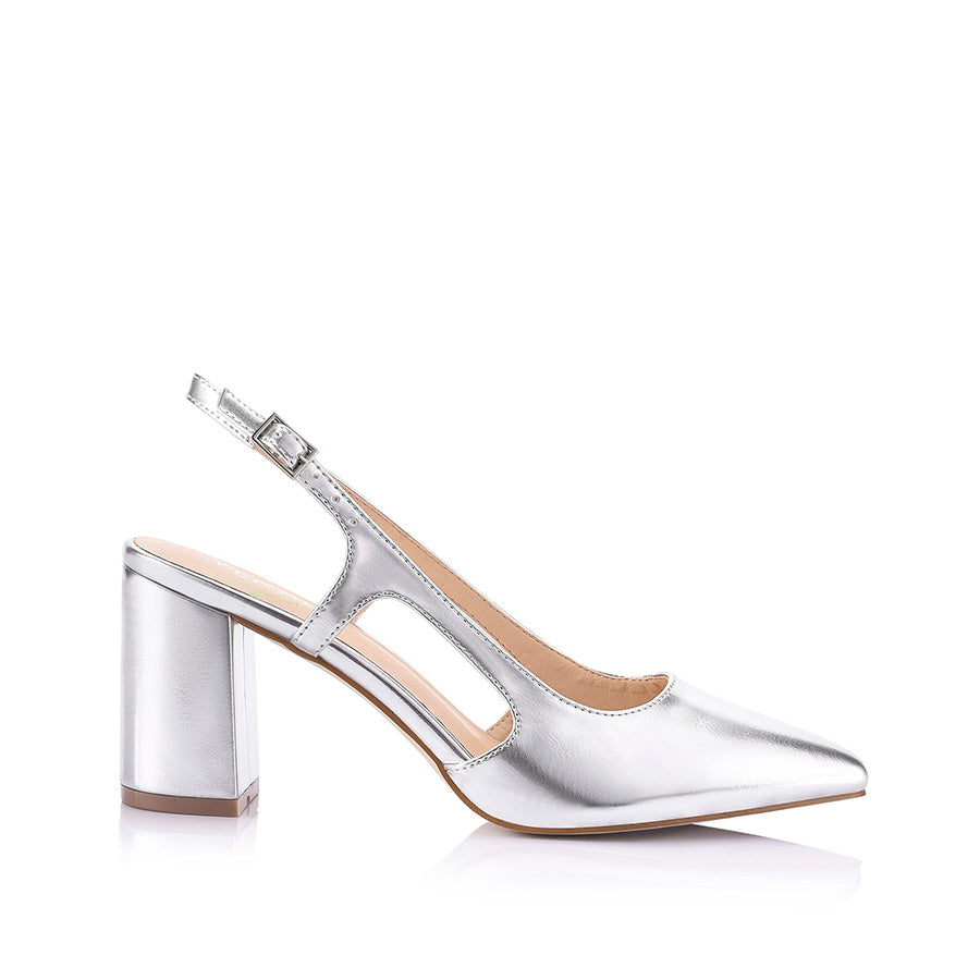 Enrique Sling Back Block Heels for Women - Silver Smooth Leather Dress Shoes for Party, Wedding & Evening Events