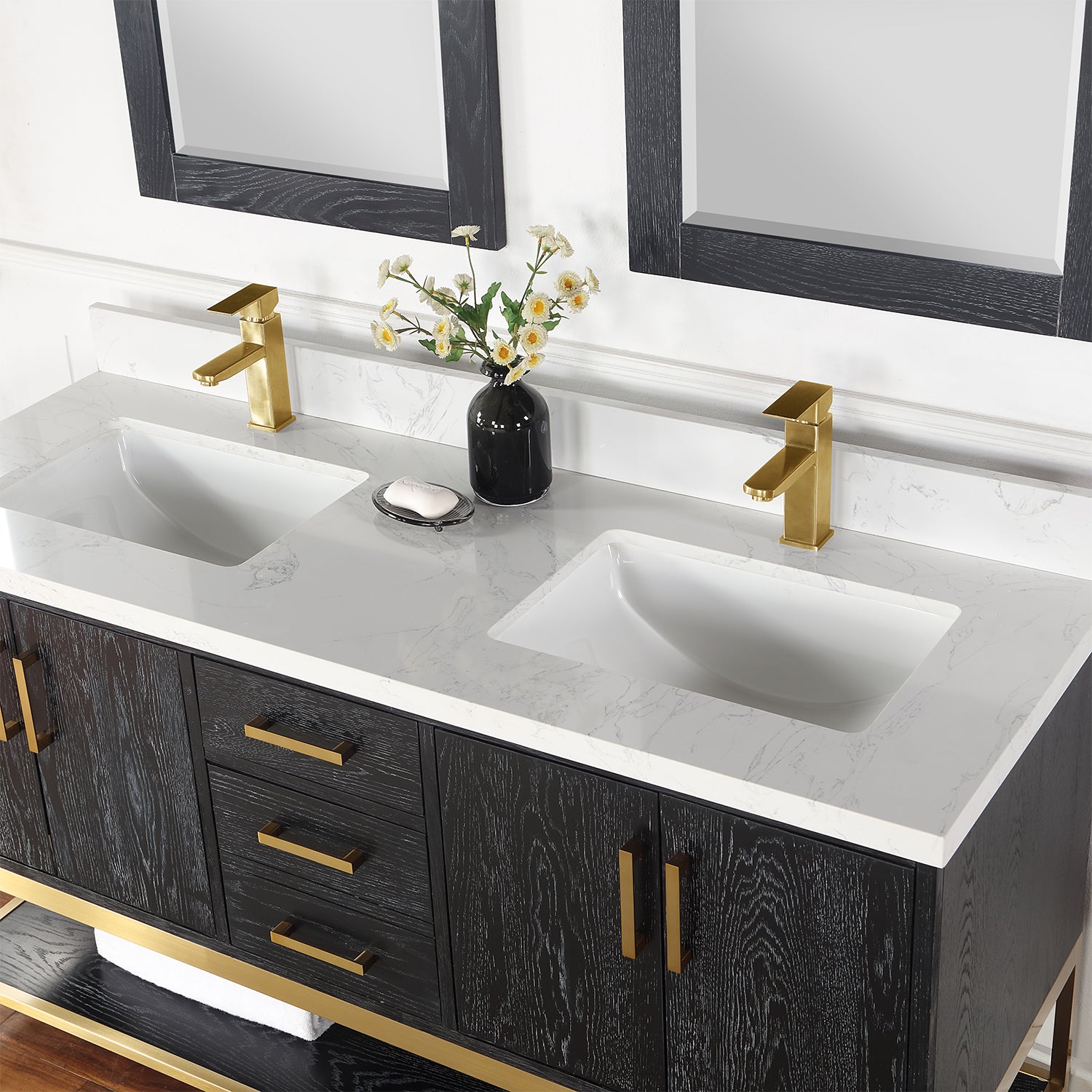 Wildy 60 Inch Double Sink Bathroom Vanity Set with White Composite Stone Countertop - Modern Farmhouse Style for Master Bath or Guest Bathroom