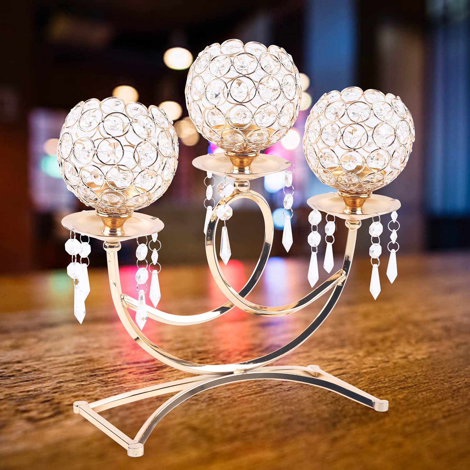 3 Arms Golden Crystal Candle Holder - Elegant Votive Candle Stand for Wedding Banquet, Dinner Table, Fireplace & Halloween Decor - Perfect Centerpiece for Romantic Tea Light Candles & Holiday Gift Giving