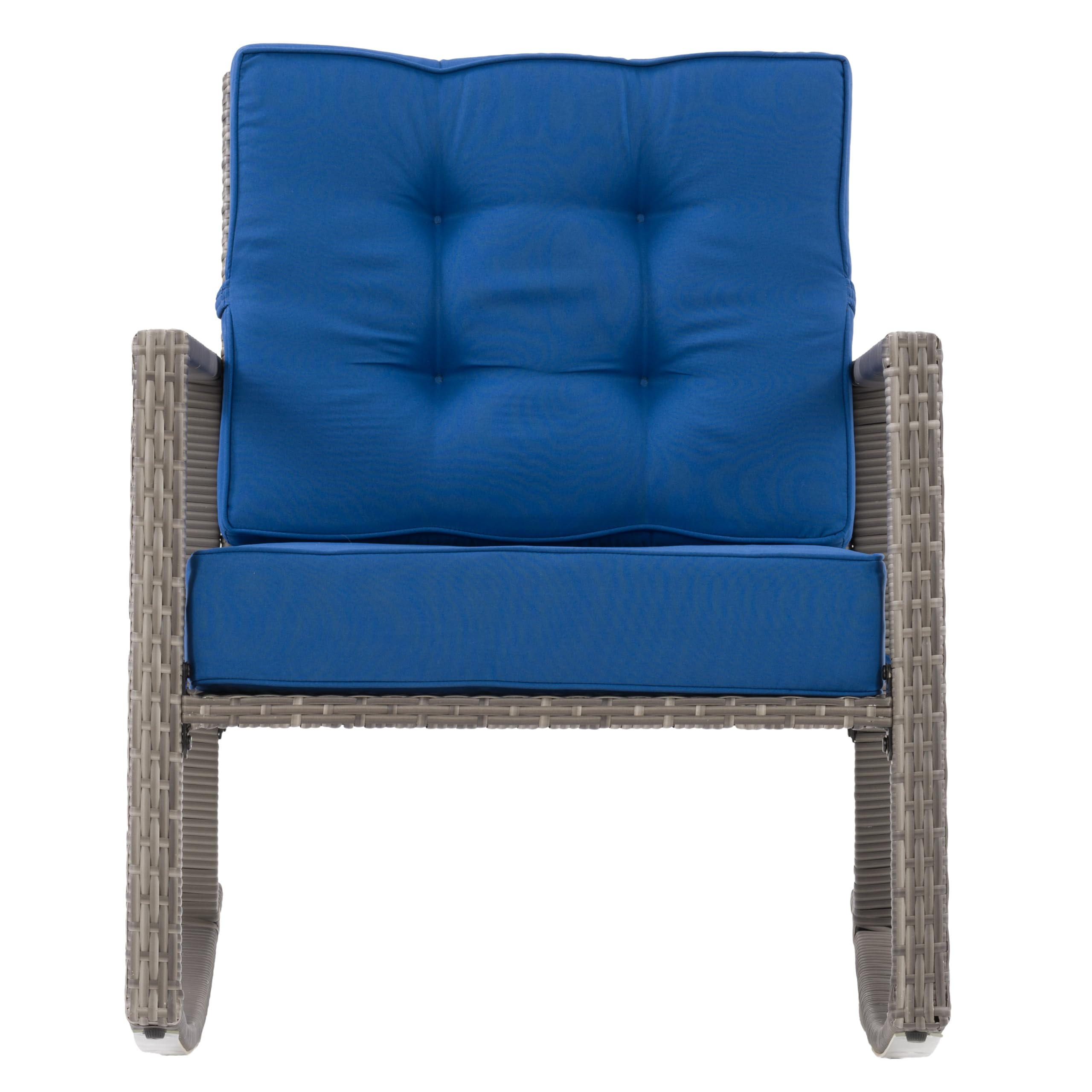CorLiving Parksville Gray Wicker Rattan Patio Rocking Chair with Blue Cushions - Outdoor Furniture for Porch, Garden & Backyard Relaxation