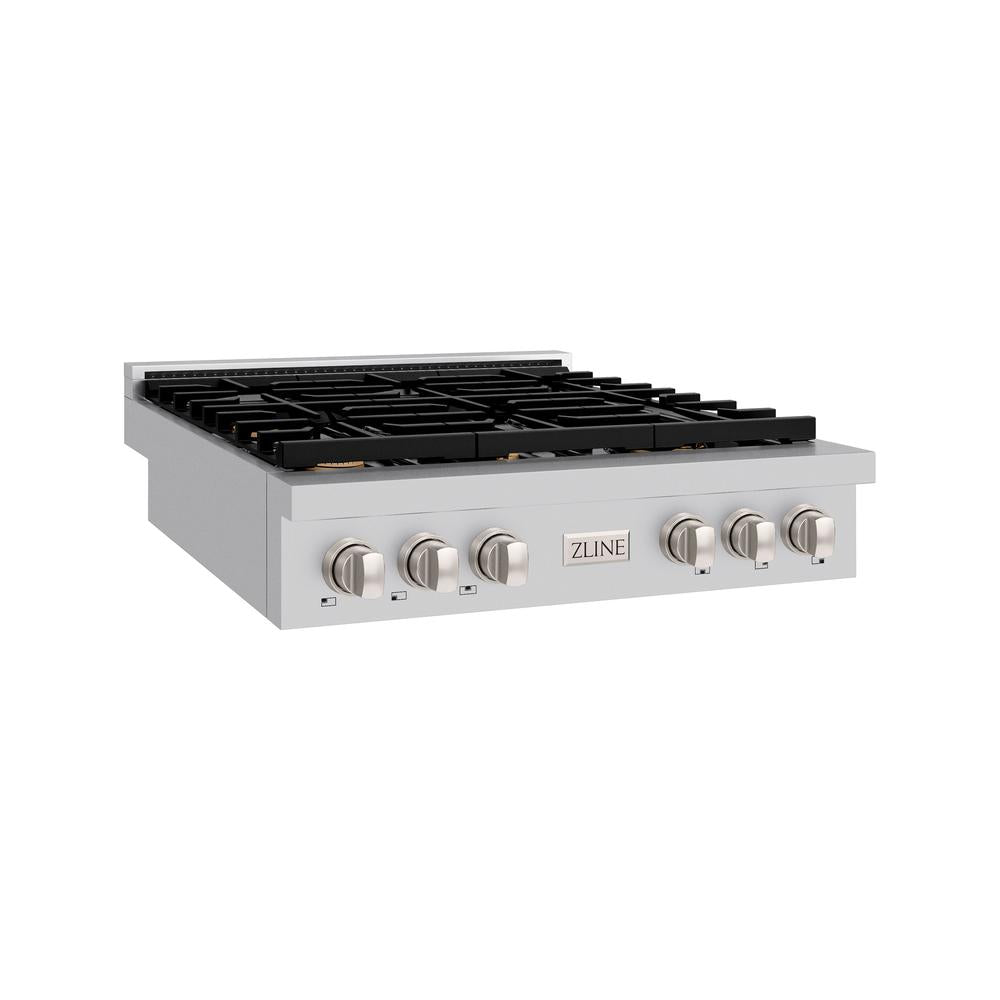 ZLINE 36 Inch Stainless Steel Gas Rangetop with 6 Brass Burners - Professional Porcelain Cooktop for Home Kitchen (SRT BR 36) | Perfect for Gourmet Cooking, Entertaining & Large Family Meals