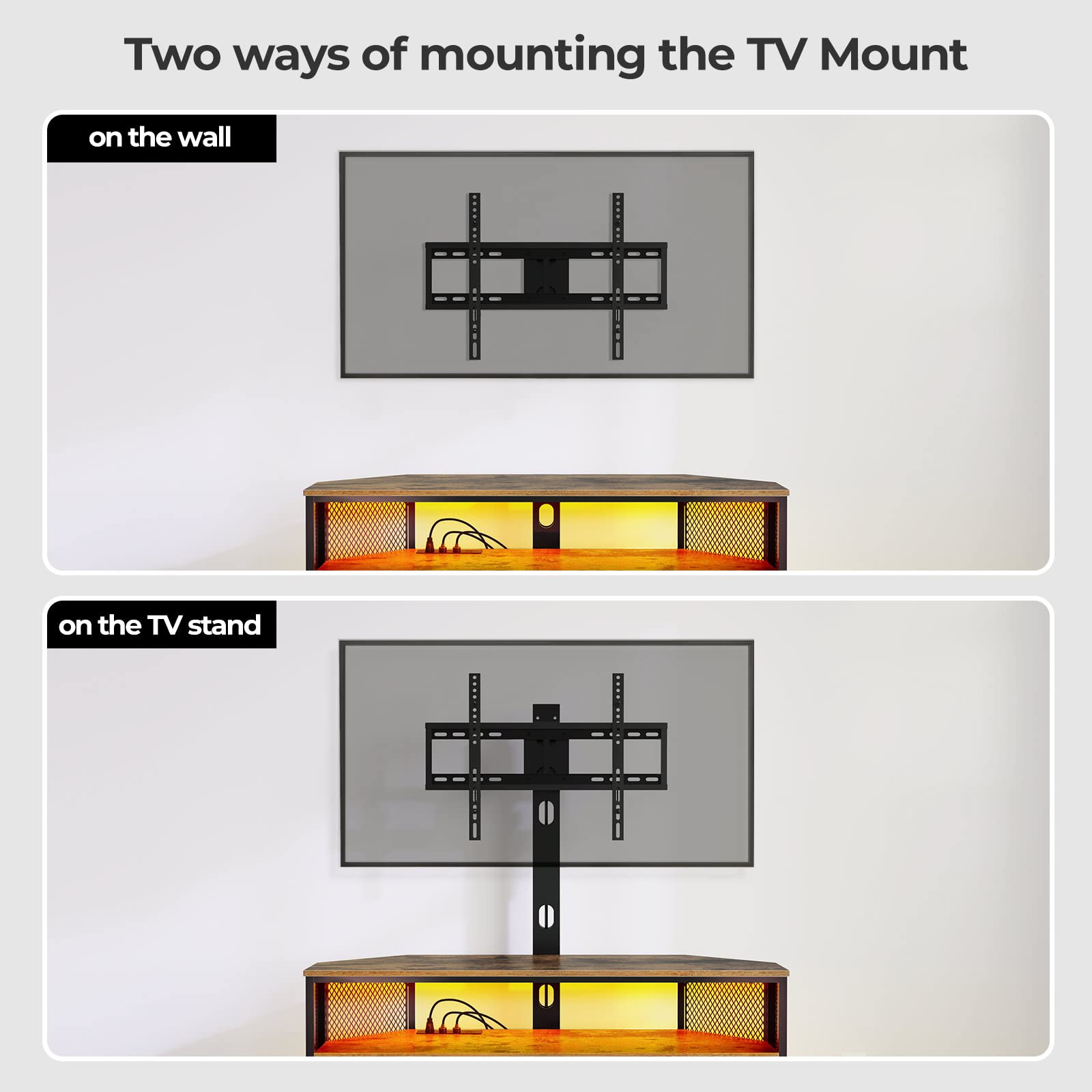 Rolanstar Rustic Brown TV Stand with Mount - Adjustable Height Swivel TV Stand for 32-70 Inch TVs, Built-in Power Outlet & LED Lights - Entertainment Center & Media Console for Living Room, Bedroom, Home Theater