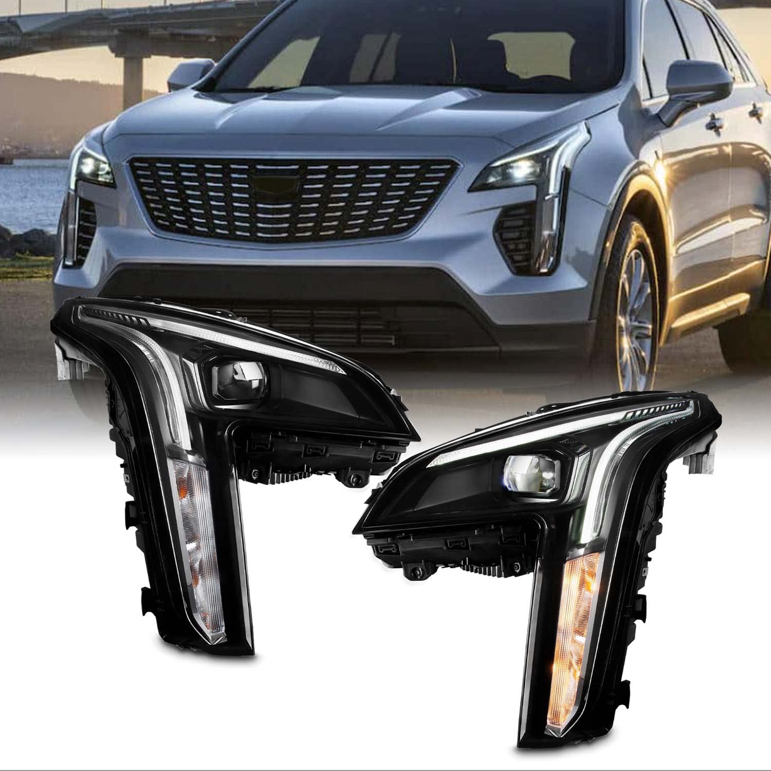 AKKON Full LED DRL Running Headlights for 2019-2023 Cadillac XT4 - Projector Dual Beam Halogen Signal Replacement (Pair Left+Right) | Upgrade Your Car Lighting for Night Driving & Enhanced Visibility