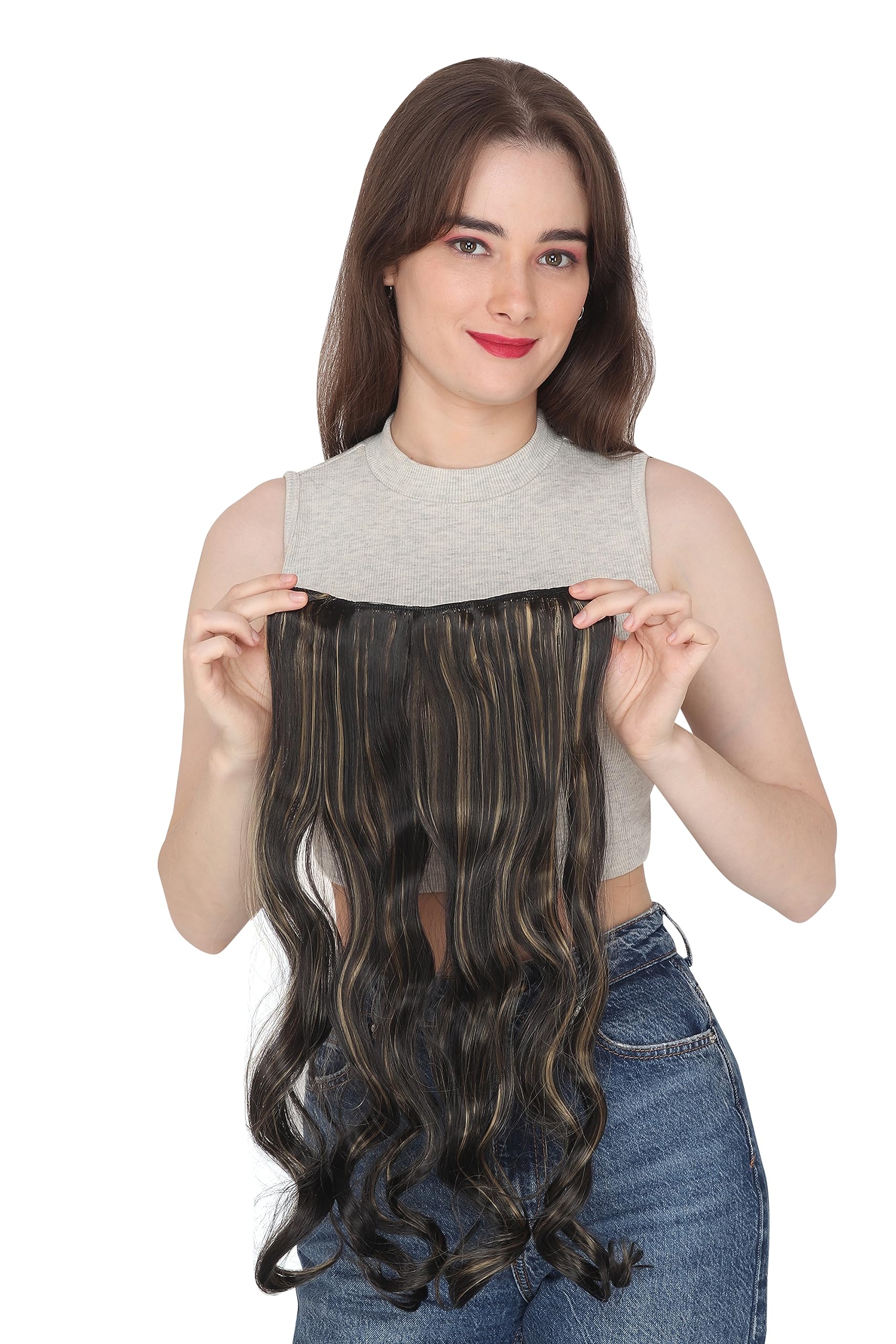 ZALYA 22 Inch Curly Wavy Synthetic Hair Extensions with Golden Highlights - 5 Clip-in Human Hair Extensions (120g, Rich Brown) for Parties, Weddings & Daily Styling