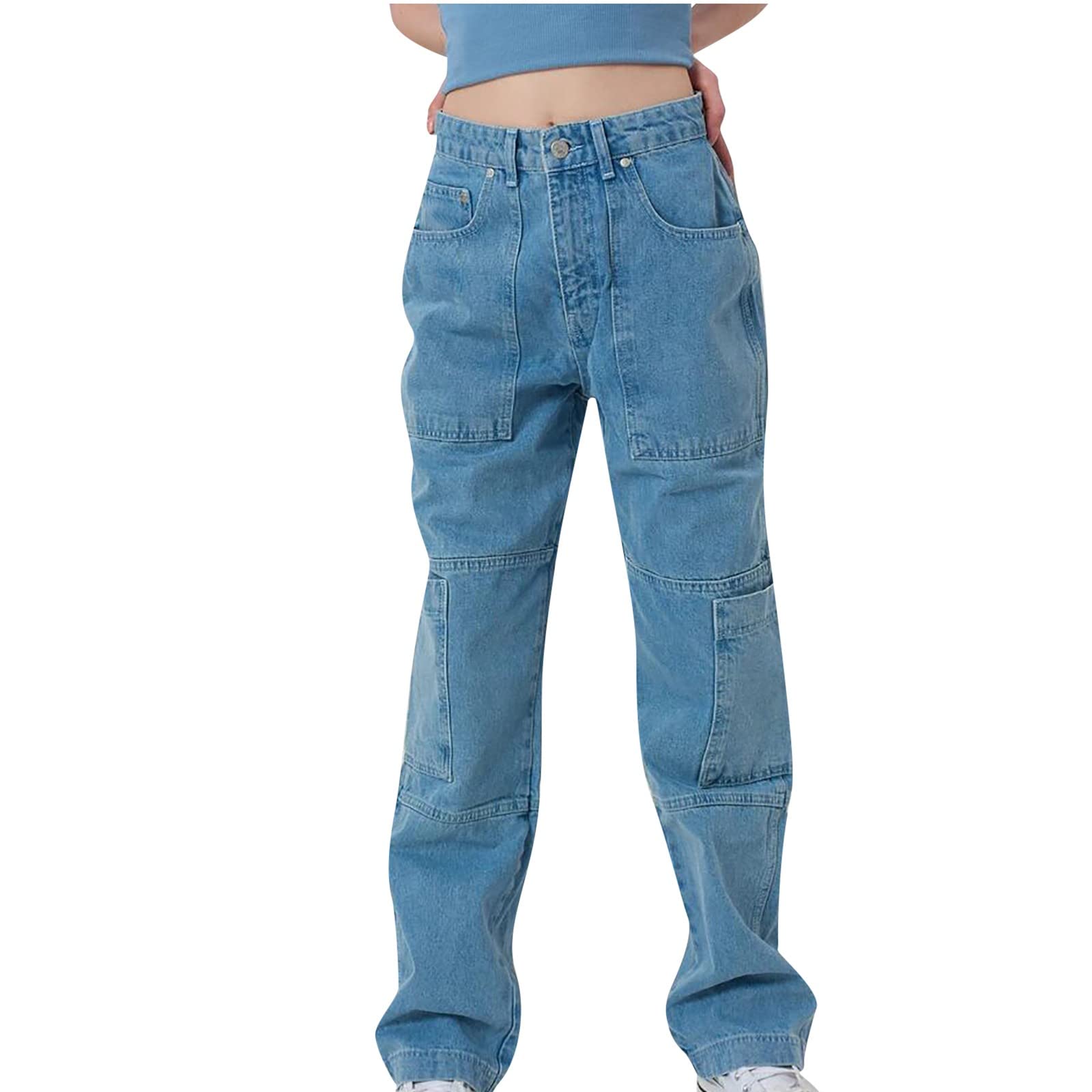 SHENGXINY Women's High Waist Straight Leg Jeans - Multipocket Loose Fit Casual Denim Pants with Patchwork Design | Perfect for Everyday Wear, Office & Street Style