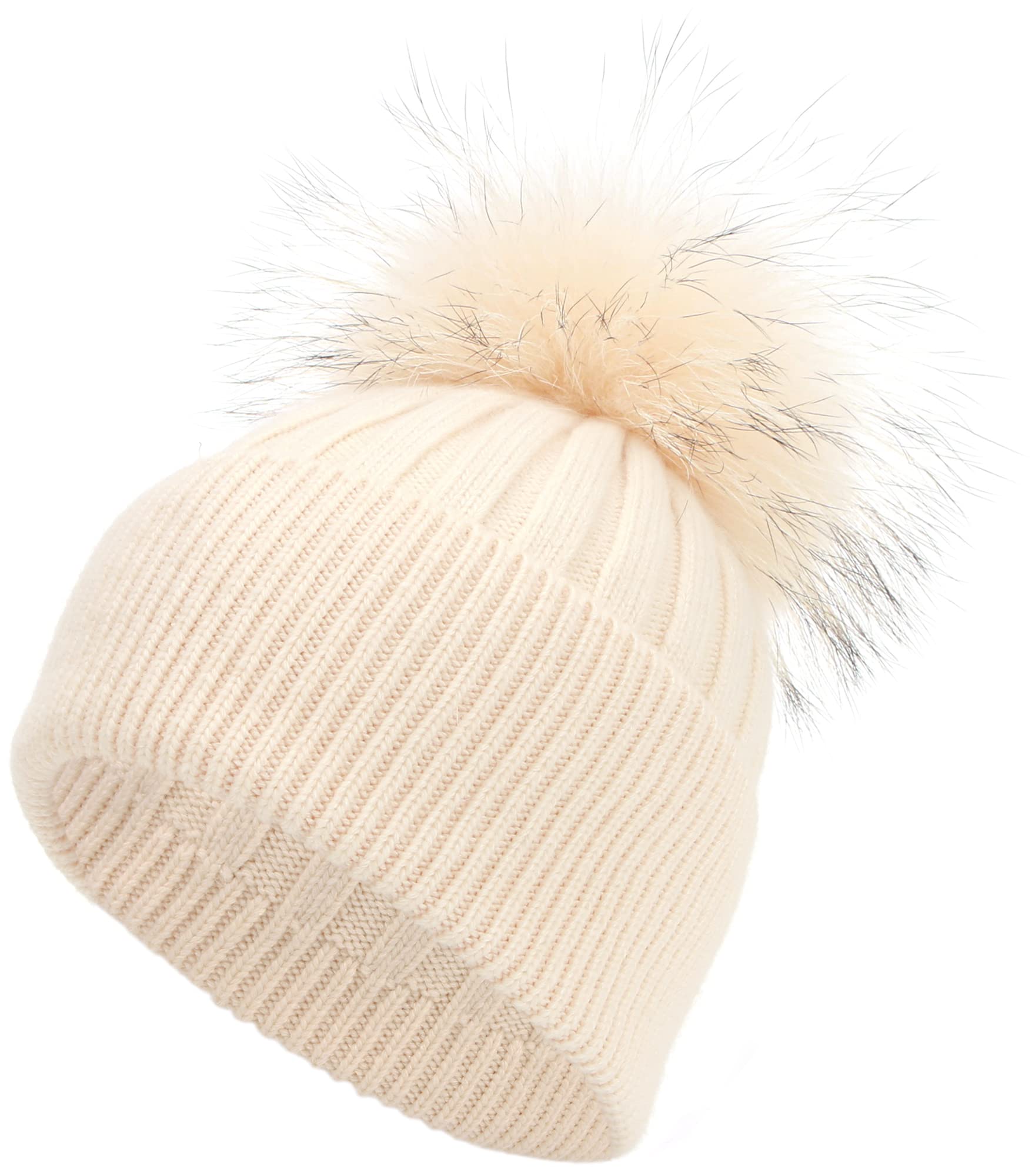 Women's Winter Warm Hat with Real Fox Fur Pom Pom - Soft Cashmere Blend Long Knit Beanie Skull Cap for Cold Weather, Outdoor Activities & Fashion Accessory