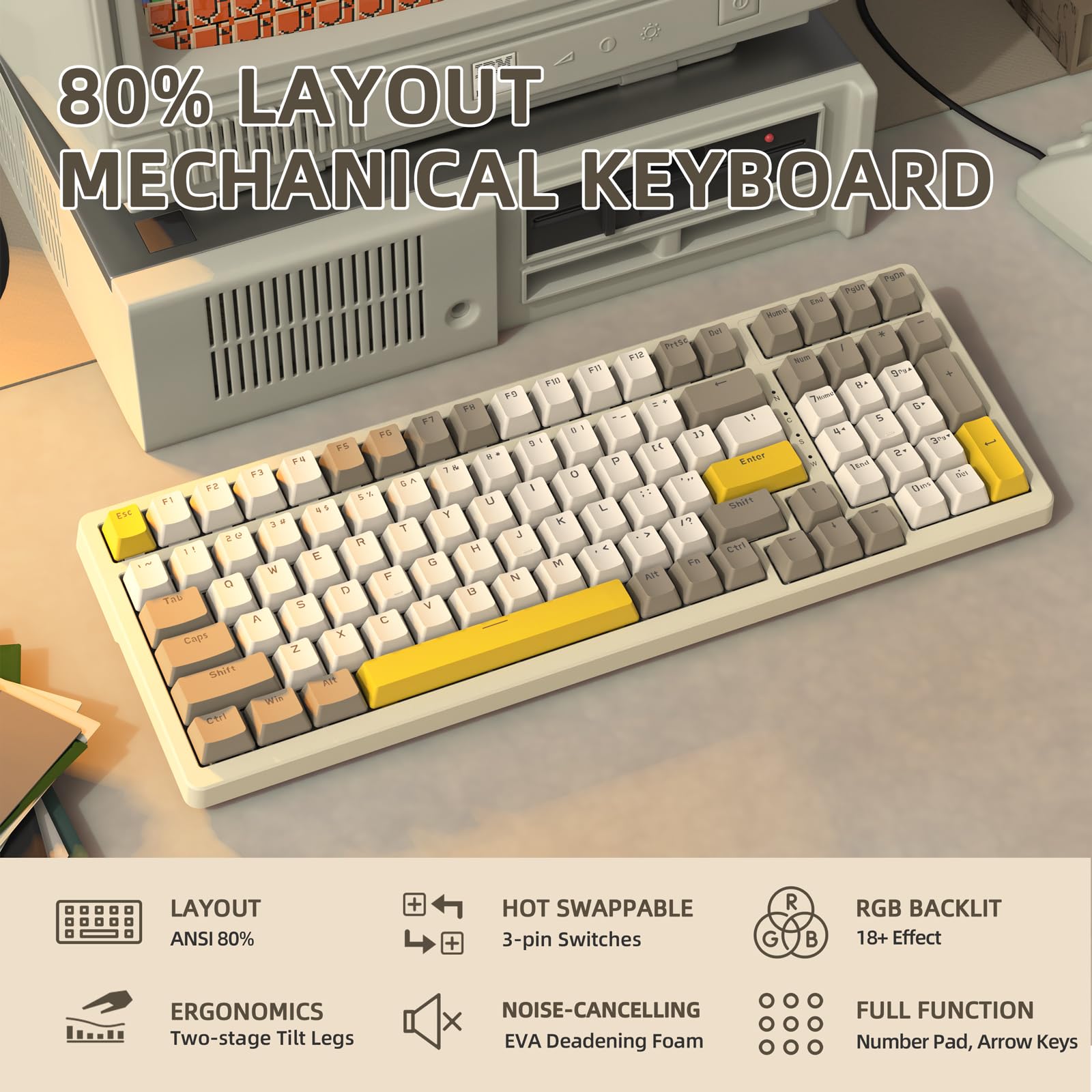 K3MAX Wired Mechanical Gaming Keyboard - 75% Compact Retro Design, 18 RGB LED Backlit, Hot Swappable 100 Keys with MX Clicky Blue Switch, Anti-Ghosting - Perfect for PC & Mac Gamers, Programmers & Office Work