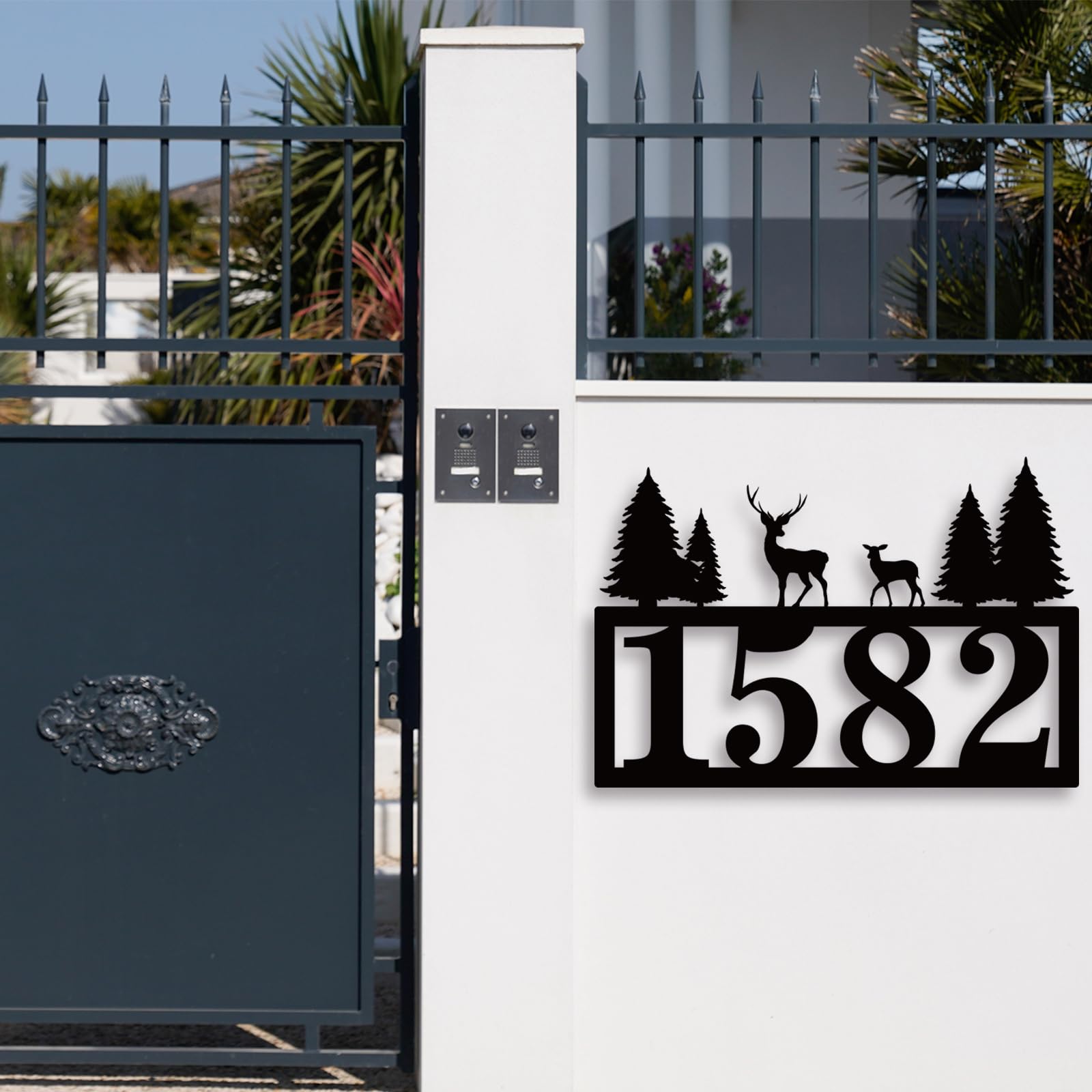 Custom Metal House Numbers for Outdoor - Personalized Modern Address Plaque Sign for Yard & Home (Deer & Pine Design) - Durable Weatherproof House Numbers for Front Door, Mailbox & Driveway