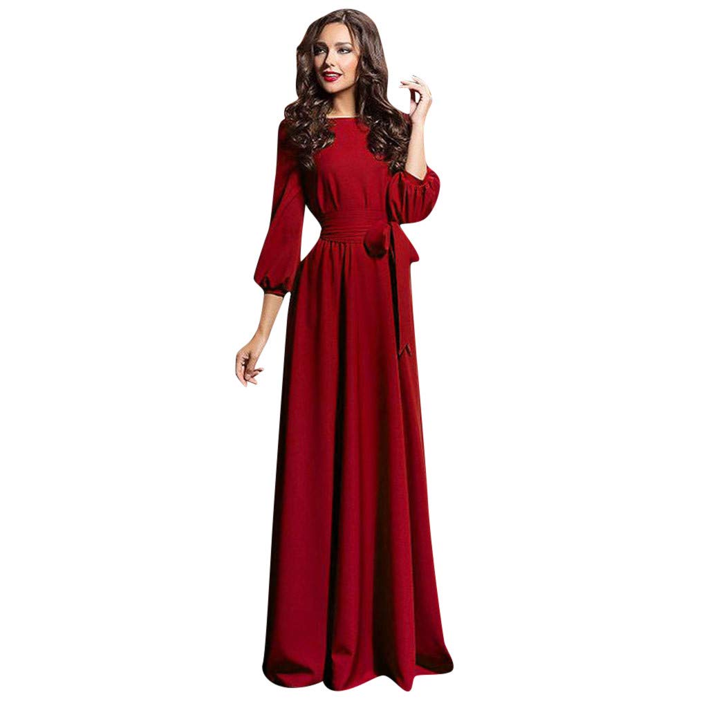 Women's Casual Party Dress with Lantern Sleeves & Belt - Solid Color Long Dress with Built-in Shorts for Summer Outings, Beach Vacations & Evening Events