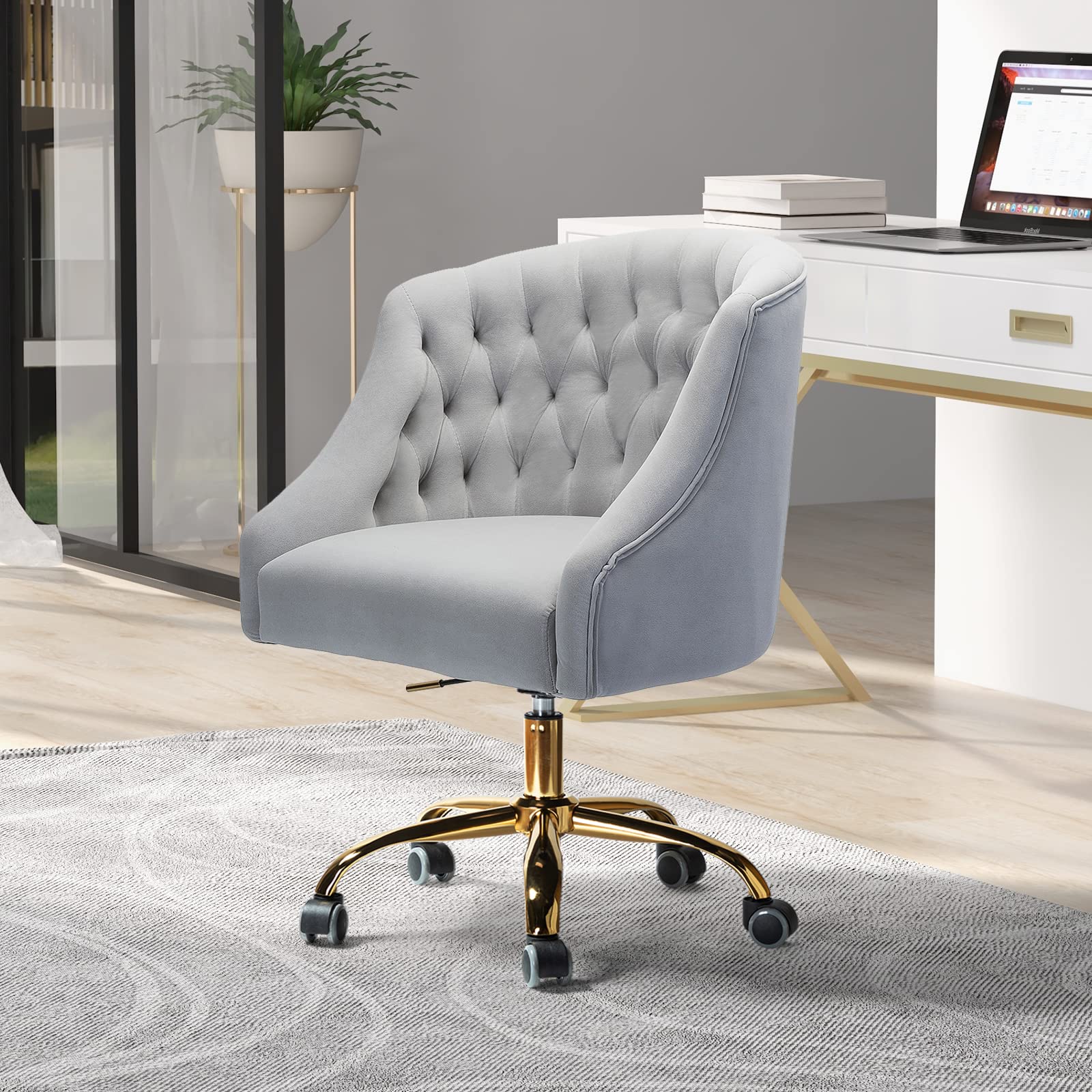 Luxury Velvet Home Office Chair with Gold Base - Modern Adjustable Swivel Task Chair for Living Room, Bedroom & Study - Ergonomic Comfort Desk Chair (Grey) - Perfect for Remote Work, Gaming & Vanity Areas