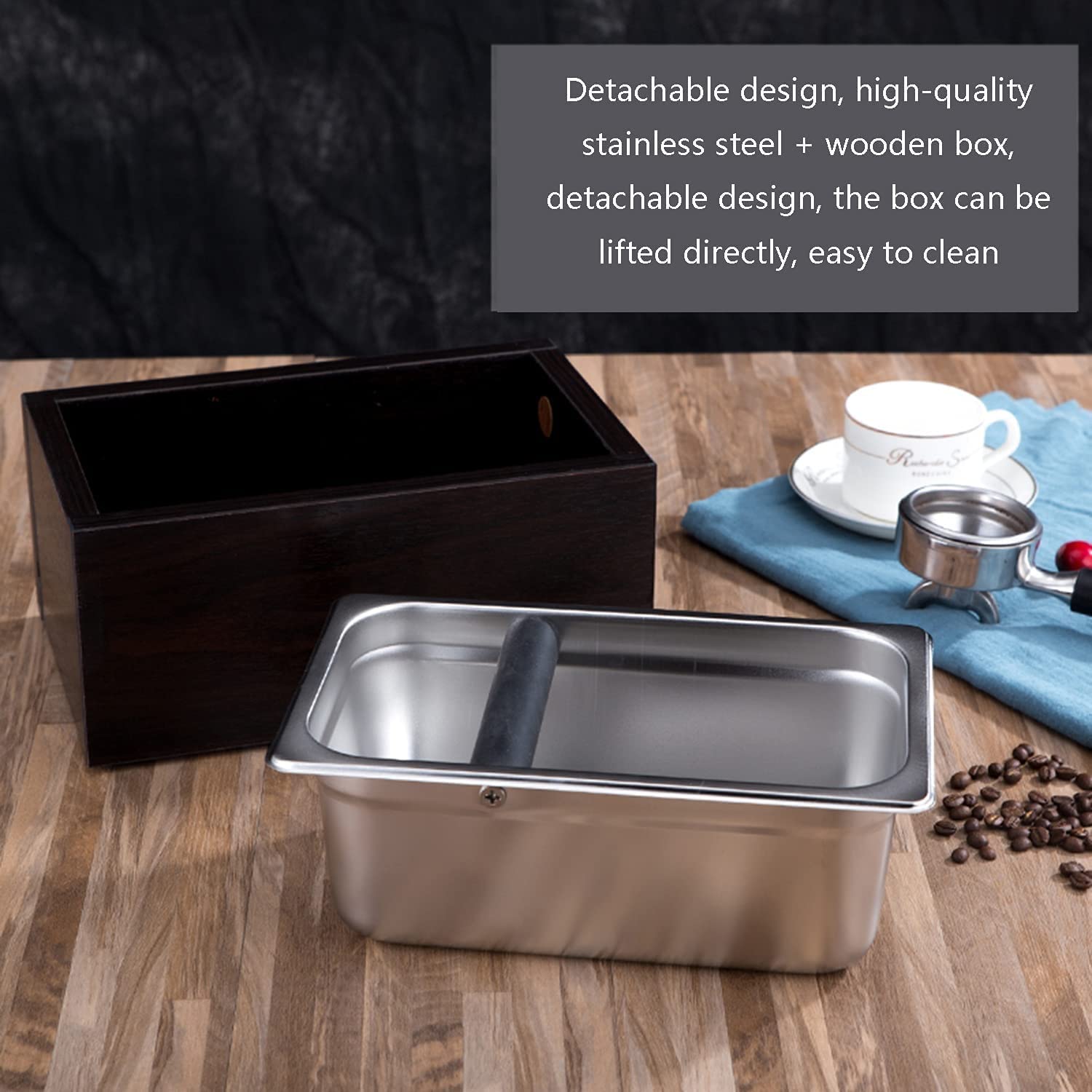 Stainless Steel Coffee Knock Box with Wood Base - Barista Grounds Container, Coffee Residue Bin & Grind Waste Bucket for Espresso Machine Accessories - Perfect for Home & Commercial Coffee Stations