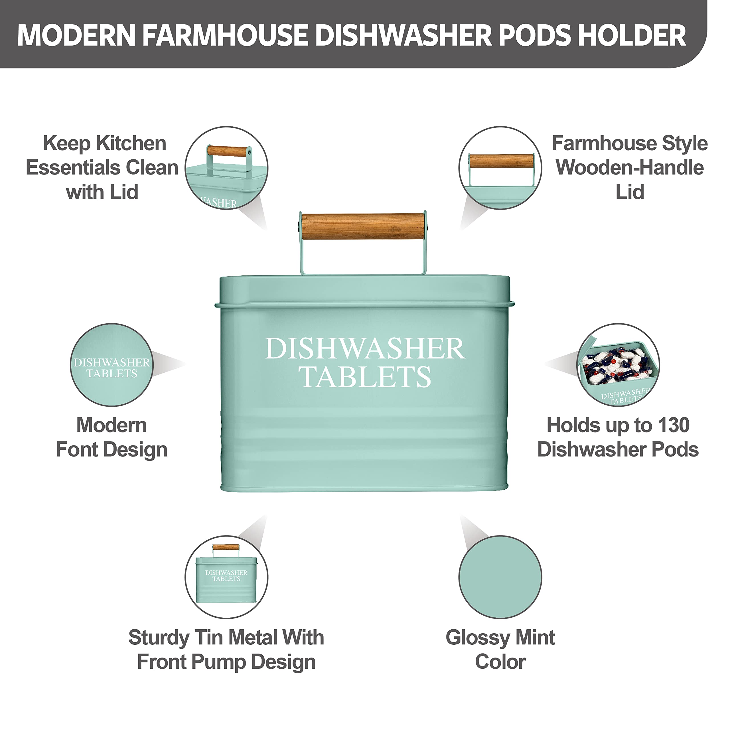 Modern Farmhouse Metal Dishwasher Pods Holder with Lid - Rustproof Kitchen Storage Container for Detergent Pods, Kitchen Organization & Decor Accessories (Mint Green) - Perfect for Countertop, Under Sink & Pantry Storage