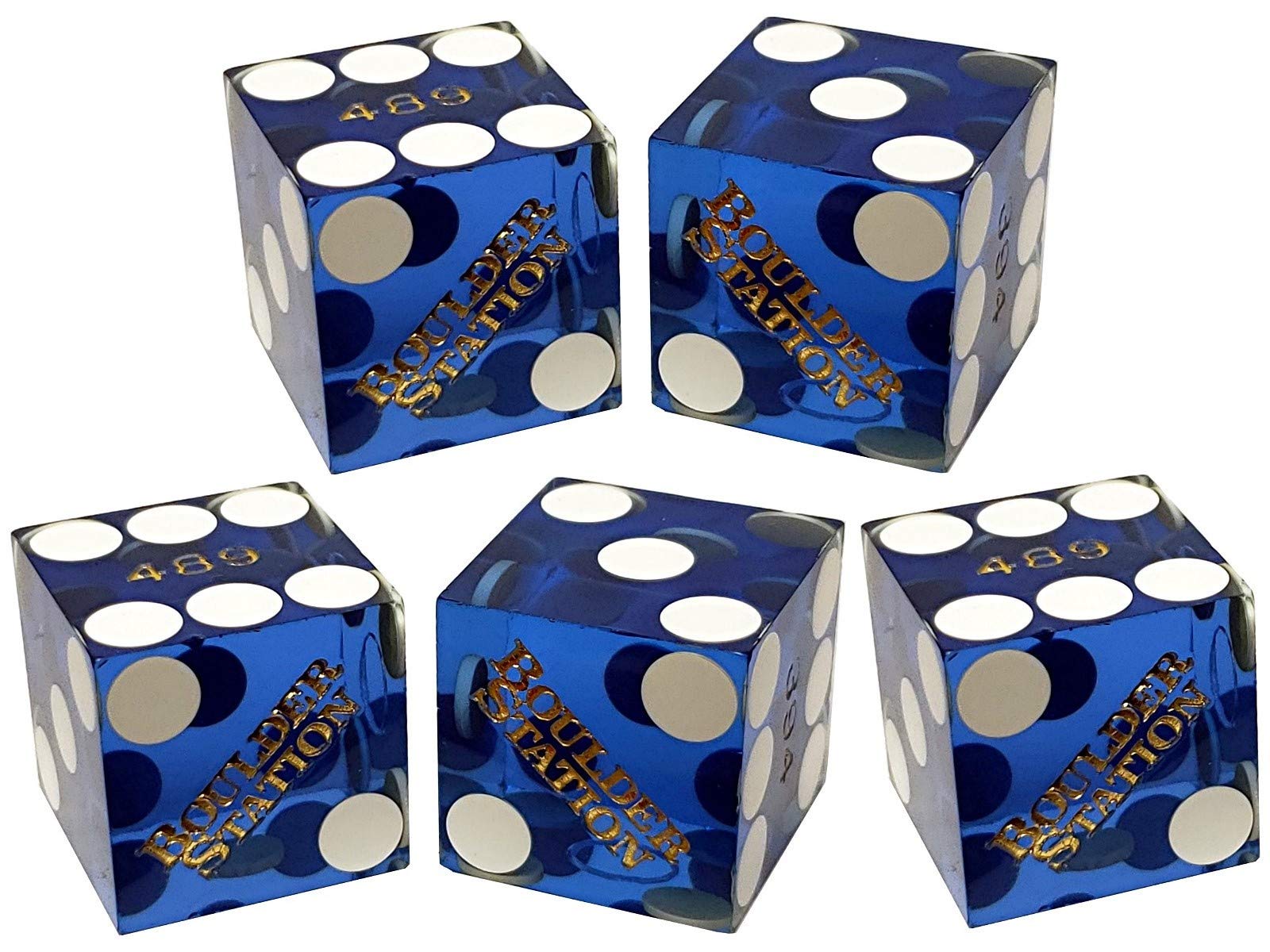 Set of 5 Las Vegas Casino 19mm Professional Craps Dice with Clear Acrylic Dice Boat & Black Velvet Pouch - Boulder Station Blue Polished Edition - Perfect for Casino Games, Gambling Parties, and Tabletop Gaming