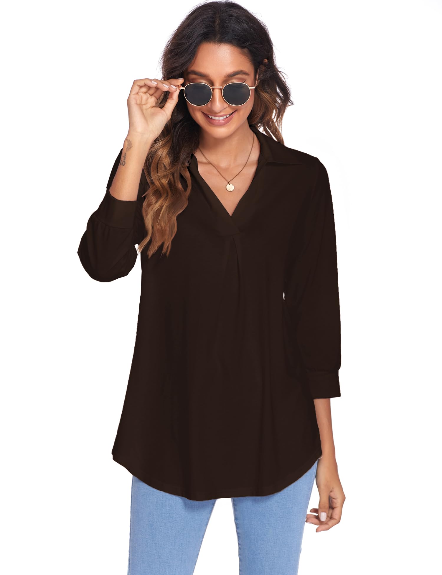 Newchoice Women's Collared V-Neck 3/4 Sleeve Blouse - Business Casual Tops, Loose Fit Work Shirts for Office & Everyday Wear (Sizes S-3XL) - Perfect for Office, Meetings & Smart Casual Outfits