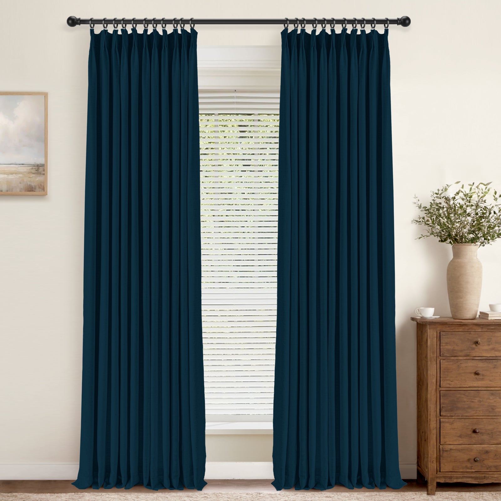 Insignia Blue Luxury Semi-Sheer Linen Curtains - Custom Pleated Drapes for Living Room & Bedroom | Elegant Window Treatments for Home Decor