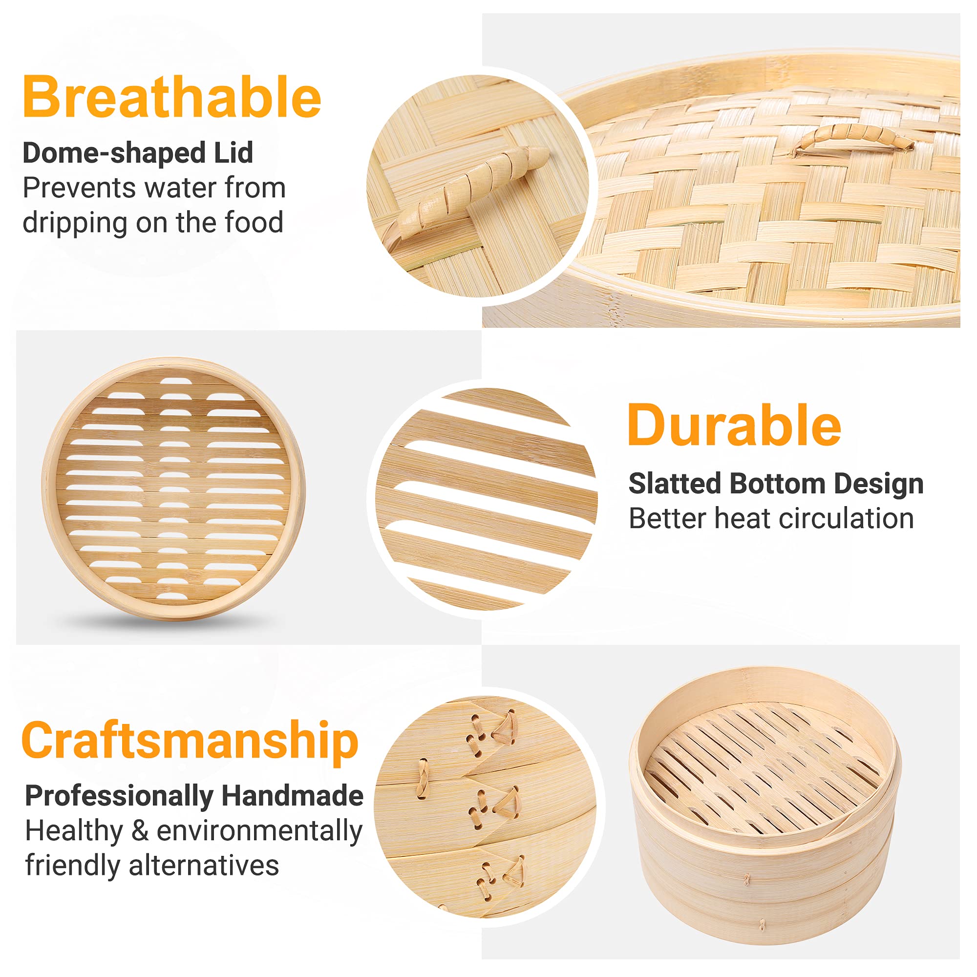 2-Tier 10 Inch Bamboo Steamer Basket for Dim Sum, Momo & Bao Buns - Natural Chinese/Japanese Dumpling Steamer for Healthy Cooking - Perfect for Asian Cuisine, Homemade Dumplings & Restaurant-Style Steam Dishes