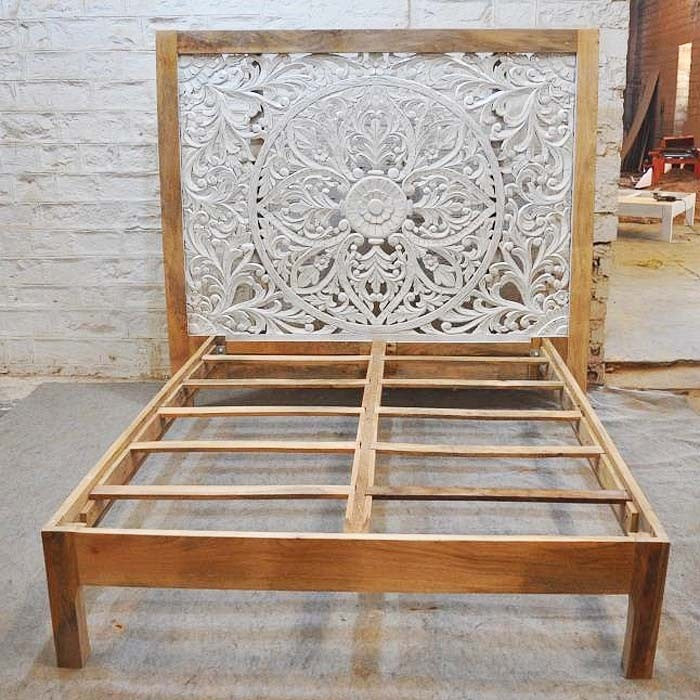 Hand Carved Indian Solid Wooden Zara Bed Frame - 2-Tone Finish - Elegant & Durable Bedroom Furniture for Master Suite or Guest Room