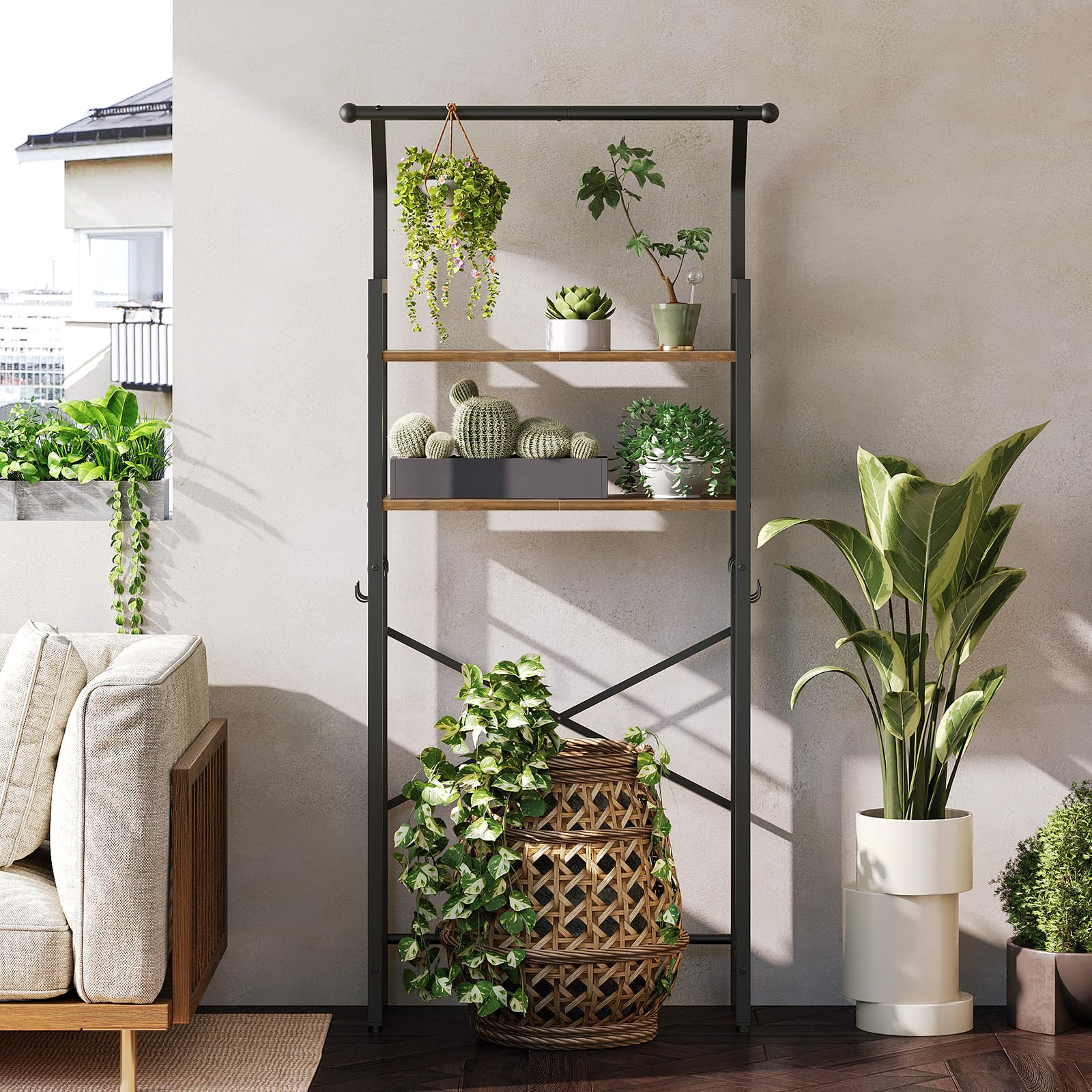 Over The Toilet Storage Shelf - 2-Tier Bathroom Organizer with Hooks | Space-Saving Vertical Toilet Shelf Rack in Rustic Brown & Black | Perfect for Small Bathrooms, Apartments & Powder Rooms (TR01BR)