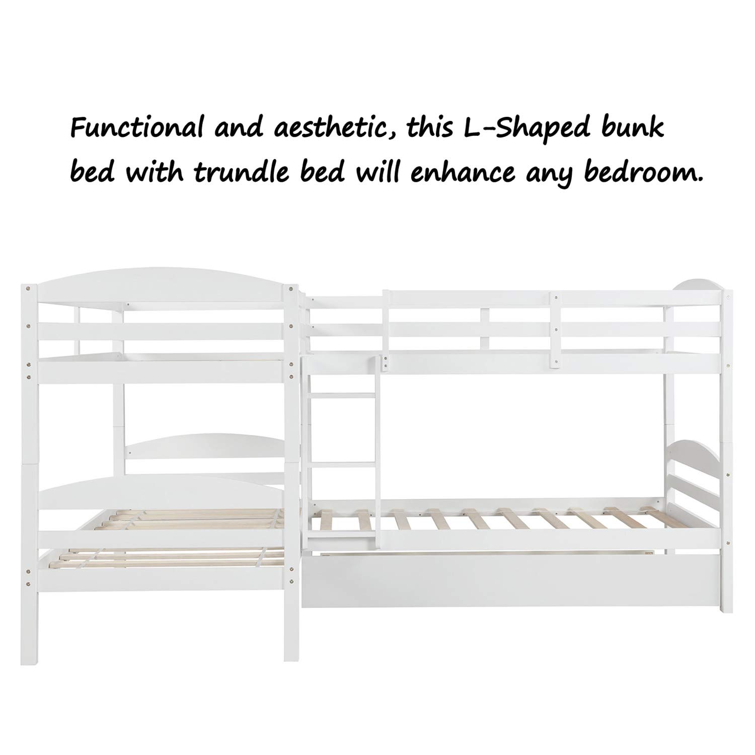 P PURLOVE Twin Bunk Bed L-Shaped Bunk Bed Frame with Twin Trundle Bed - No Box Spring Needed - Sturdy Metal Frame - Space Saving Kids Bedroom Furniture - Perfect for Small Rooms, Guest Rooms & Vacation Homes (White)