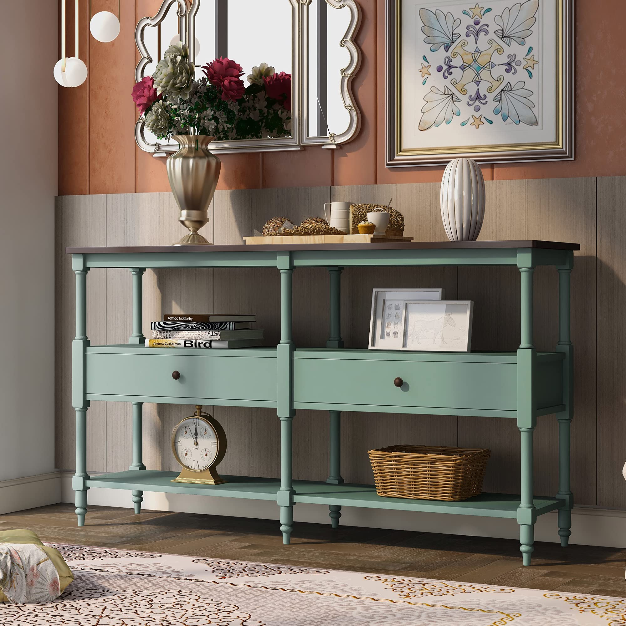 Modern Wood Console Table with Storage Shelf & 2 Drawers - Entryway Sofa Table, Buffet Sideboard for Living Room & Dining Room (Antique Blue) | Perfect for Hallway Decor, Small Space Storage & Home Organization