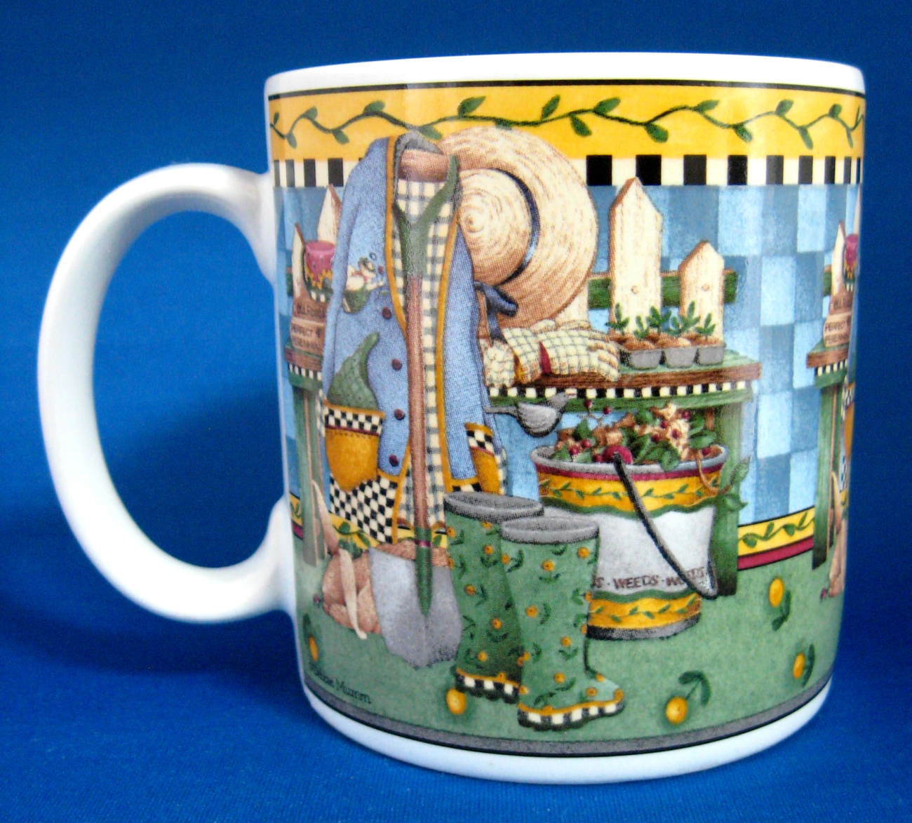 Debbie Mumm Garden Vignette Wellies Potting Bench Mug - Colorful Gardening Collectible (1999) - Perfect for Tea Time & Vintage Home Decor