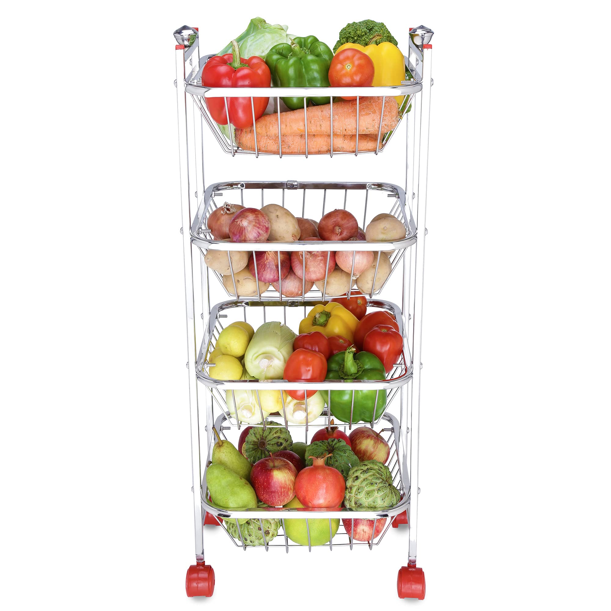 LiMETRO 4-Tier Stainless Steel Kitchen Cart - Vegetable & Fruit Storage Basket Organizer for Onions, Potatoes, Pantry - Space Saving Rolling Trolley for Kitchen, Dining Room, Supermarket, Restaurant